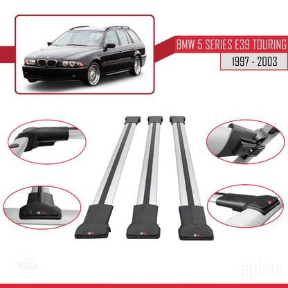 Compatible with BMW 5 Series (E39) Touring 1997-2003 Fly Model Car Roof Rack Cross Bar Grey Aluminium 3 Bars