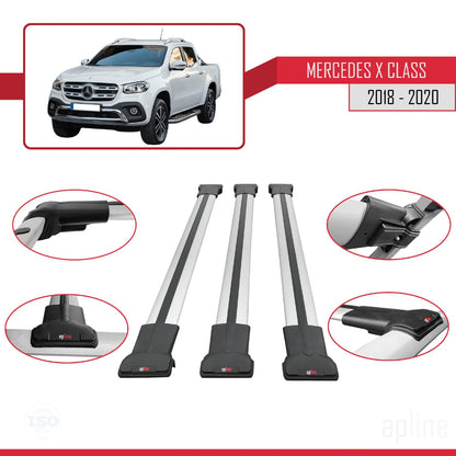Compatible with Mercedes X Class (470) 2018-2020 Fly Model Car Roof Rack Cross Bar Grey Aluminium 3 Bars