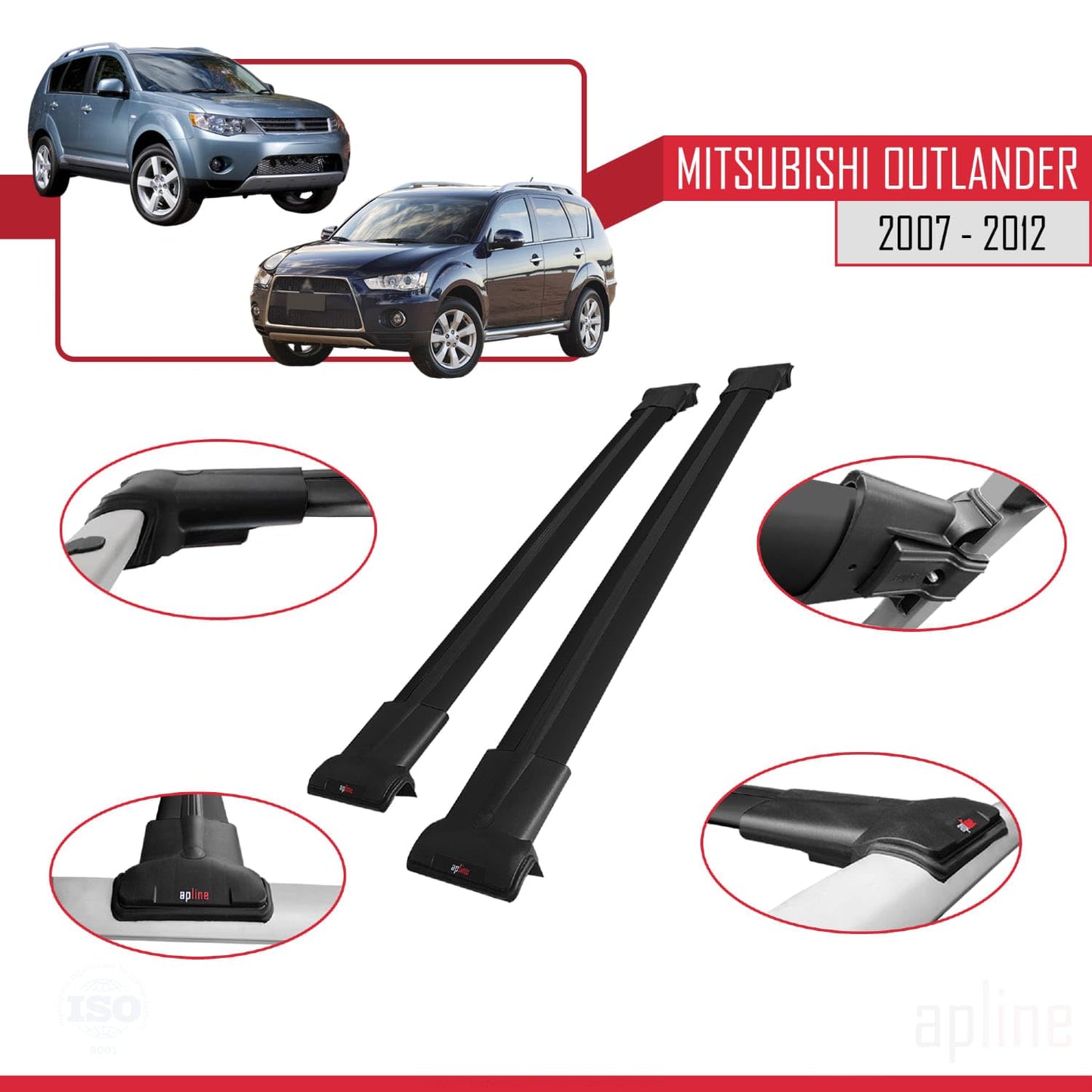 Compatible with Mitsubishi Outlander 2 2007-2012 Fly Model Car Roof Rack Cross Bar Black Aluminium 2 Bars