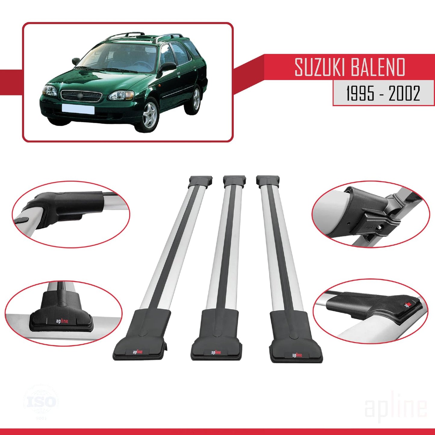 Compatible with Suzuki Baleno 1995-2002 Fly Model Car Roof Rack Cross Bar Grey Aluminium 3 Bars