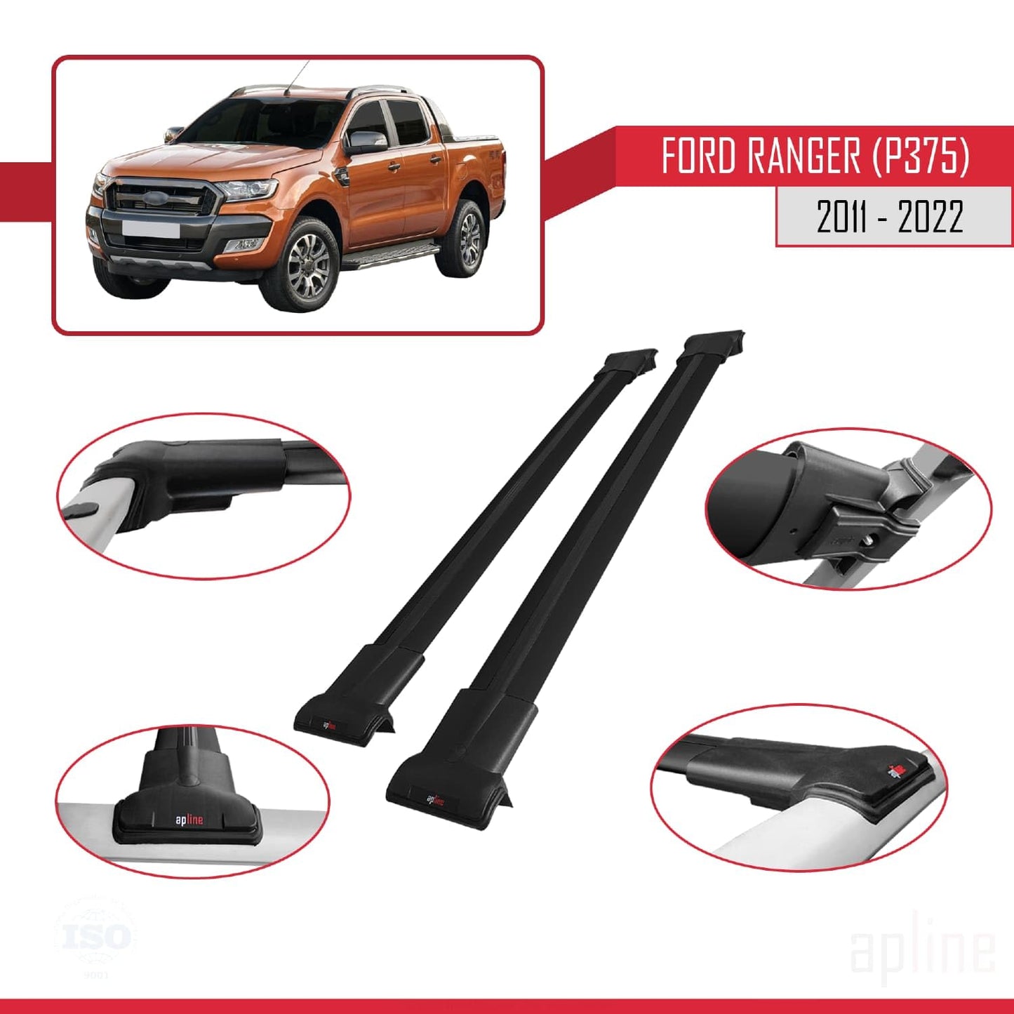 Compatible with Ford Ranger (P375) 2011-2022 Fly Model Car Roof Rack Cross Bar Black Aluminium 2 Bars