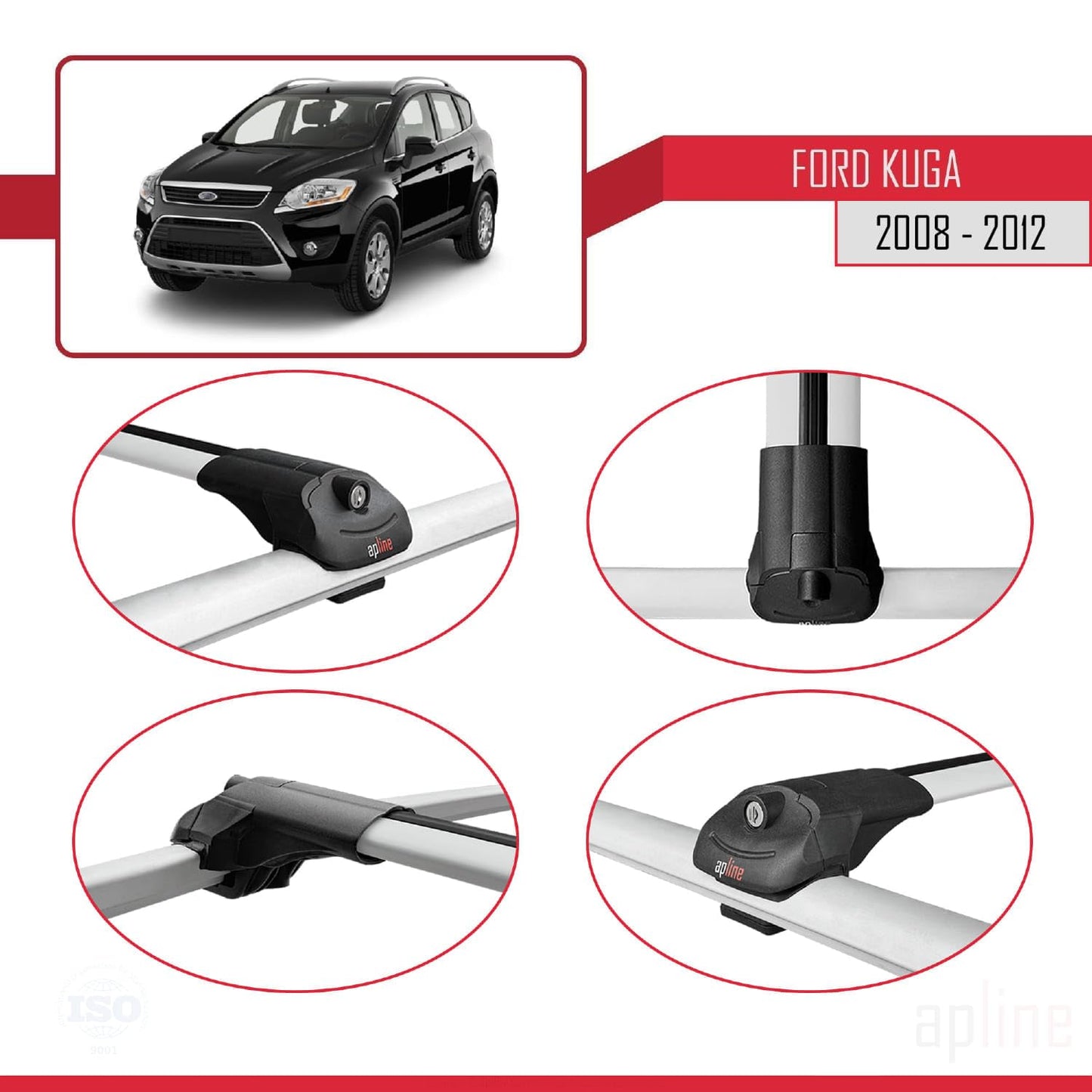 Compatible with Ford Kuga (C394) 2008-2012 ACE-1 Car Roof Rack Cross Bar Grey Aluminium 2 Bars