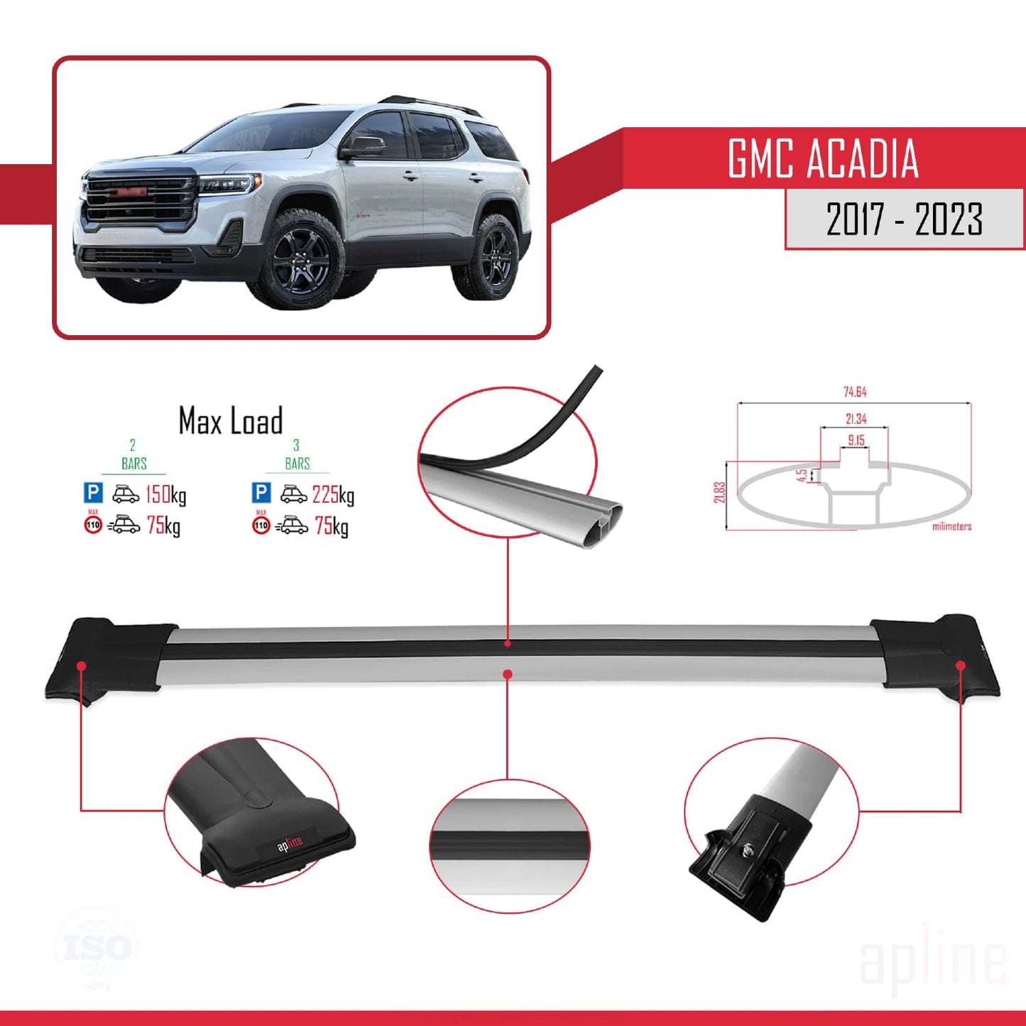 Compatible with GMC Acadia 2017-2023 Fly Model Car Roof Rack Cross Bar Grey Aluminium 2 Bars