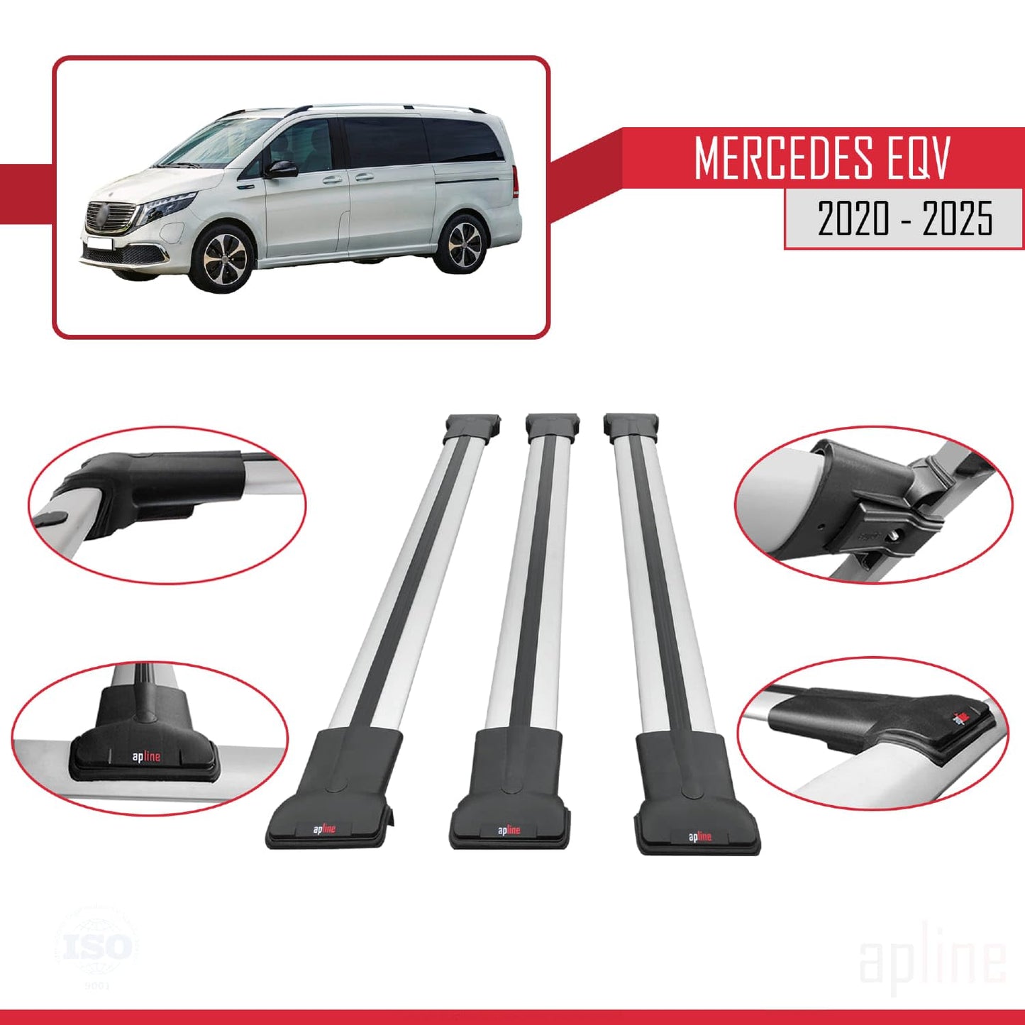 Compatible with Mercedes EQV (W447) 2020-2025 Fly Model Car Roof Rack Cross Bar Grey Aluminium 3 Bars