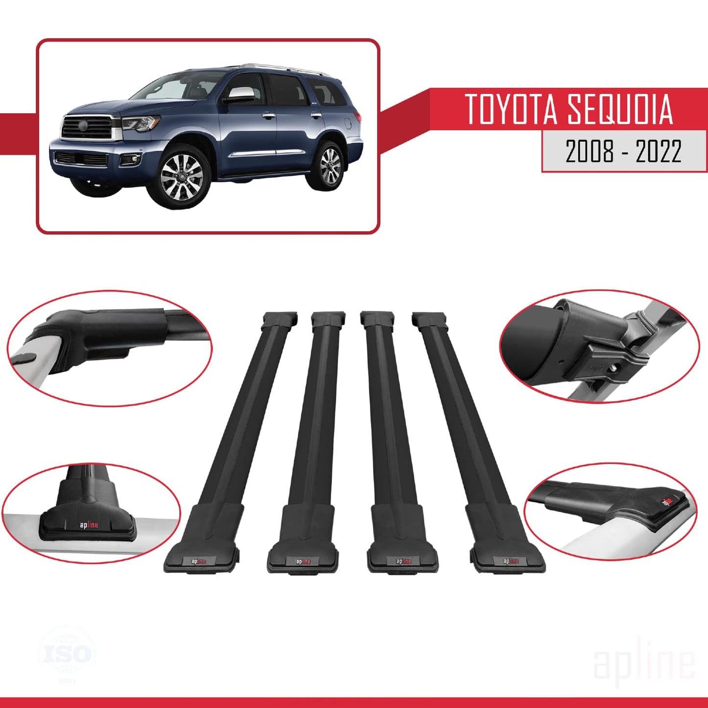 Compatible with Toyota Sequoia 2008-2022 Fly Model Car Roof Rack Cross Bar Black Aluminium 4 Bars