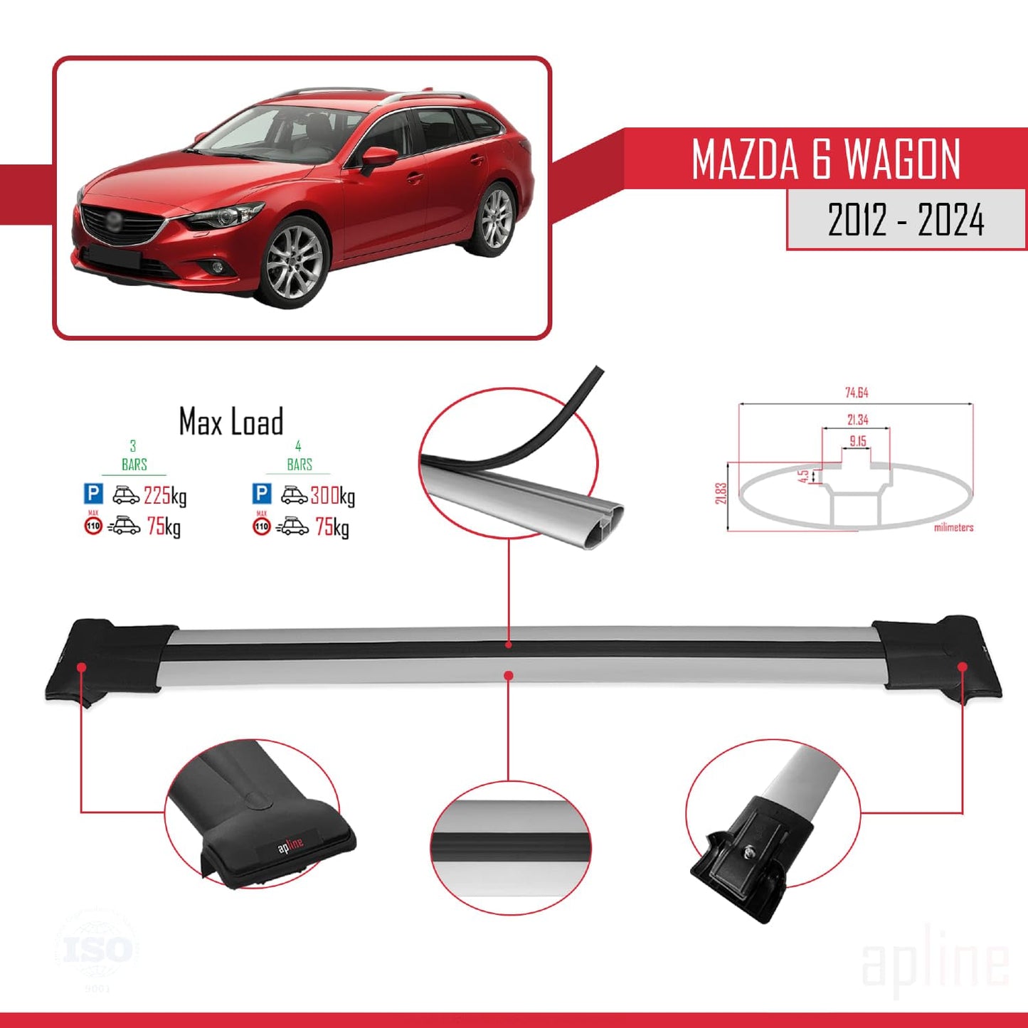 Compatible with Mazda 6 Wagon 2012-2024 Fly Model Car Roof Rack Cross Bar Grey Aluminium 3 Bars