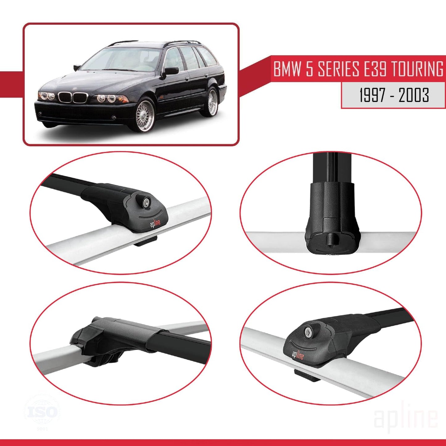 Compatible with BMW 5 Series (E39) Touring 1997-2003 ACE-1 Car Roof Rack Cross Bar Black Aluminium 2 Bars