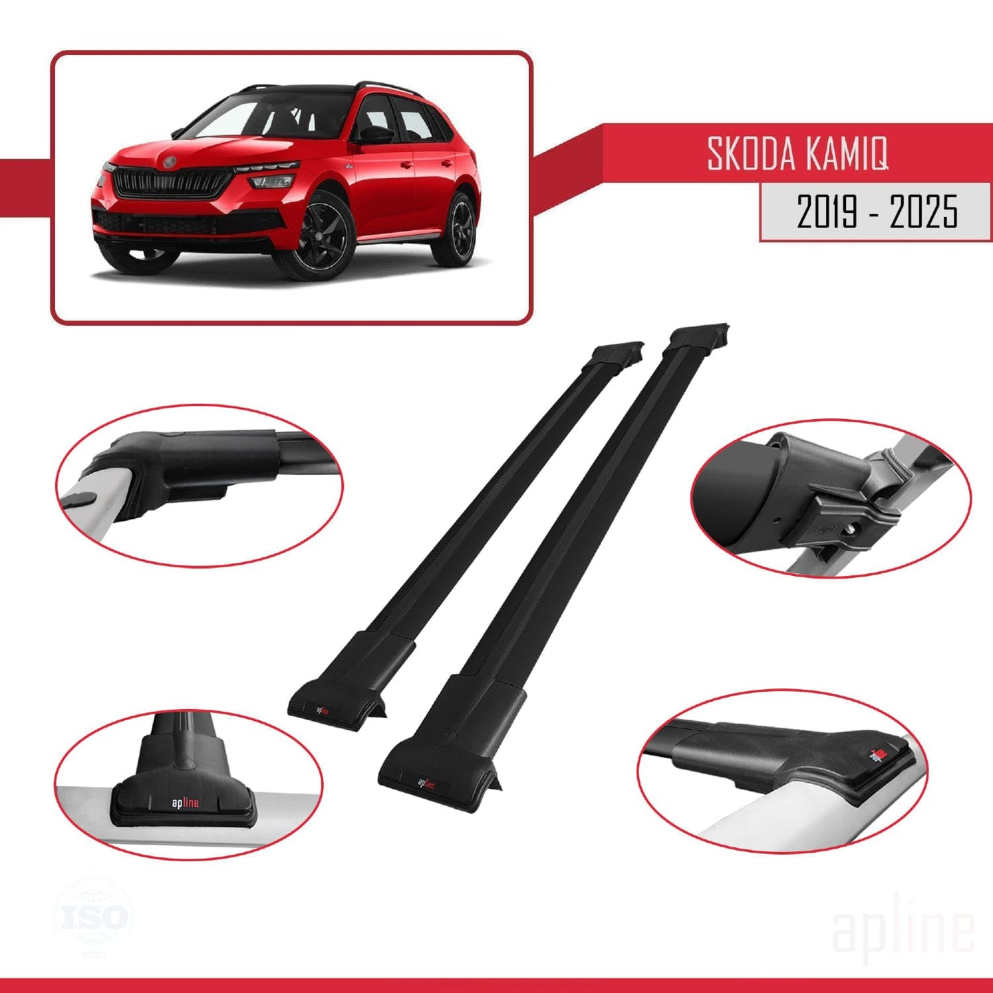Compatible with Skoda Kamiq 2019-2025 Fly Model Car Roof Rack Cross Bar Black Aluminium 2 Bars