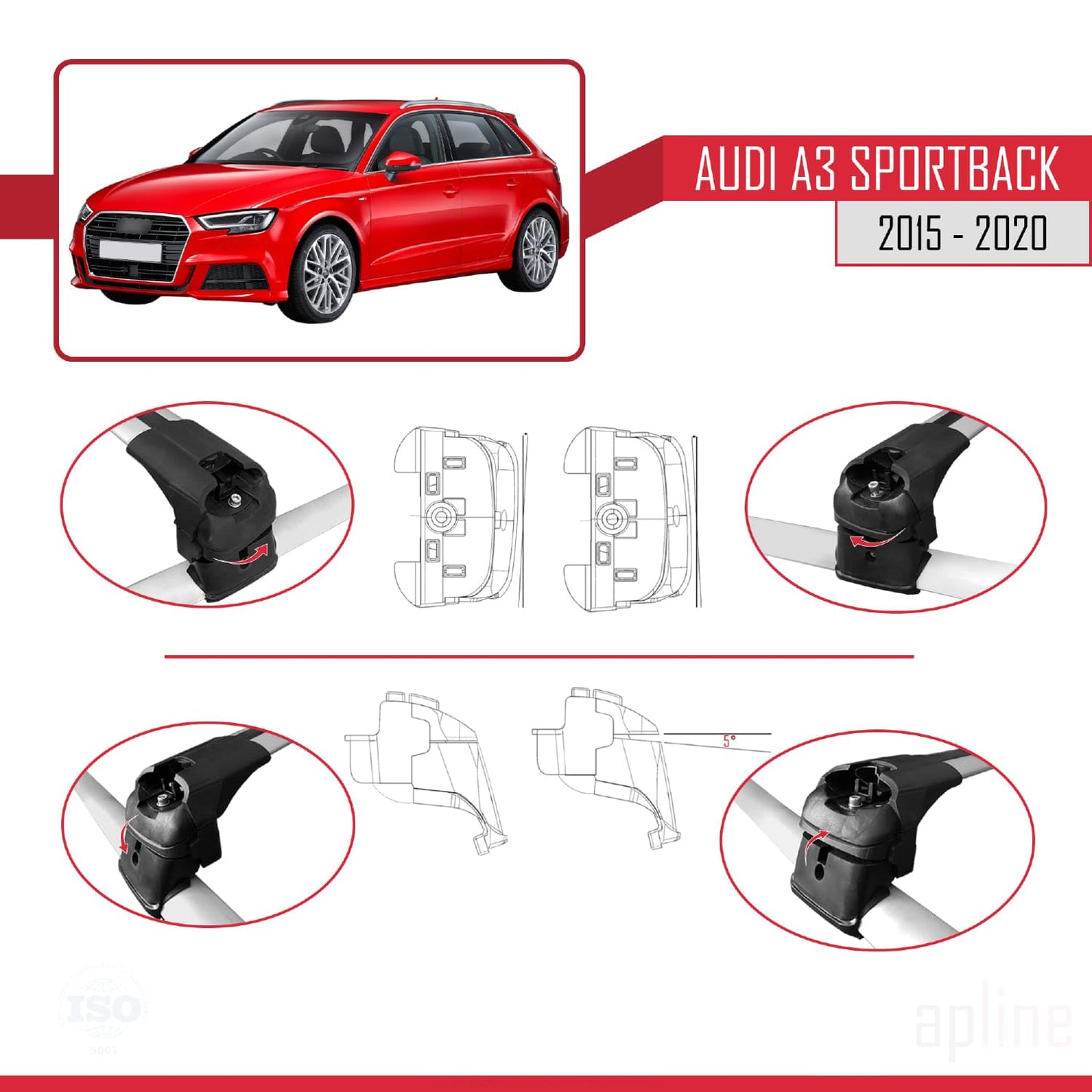 Compatible with Audi A3 Sportback 2015-2020 ACE-2 Car Roof Rack Cross Bar Grey Aluminium 2 Bars