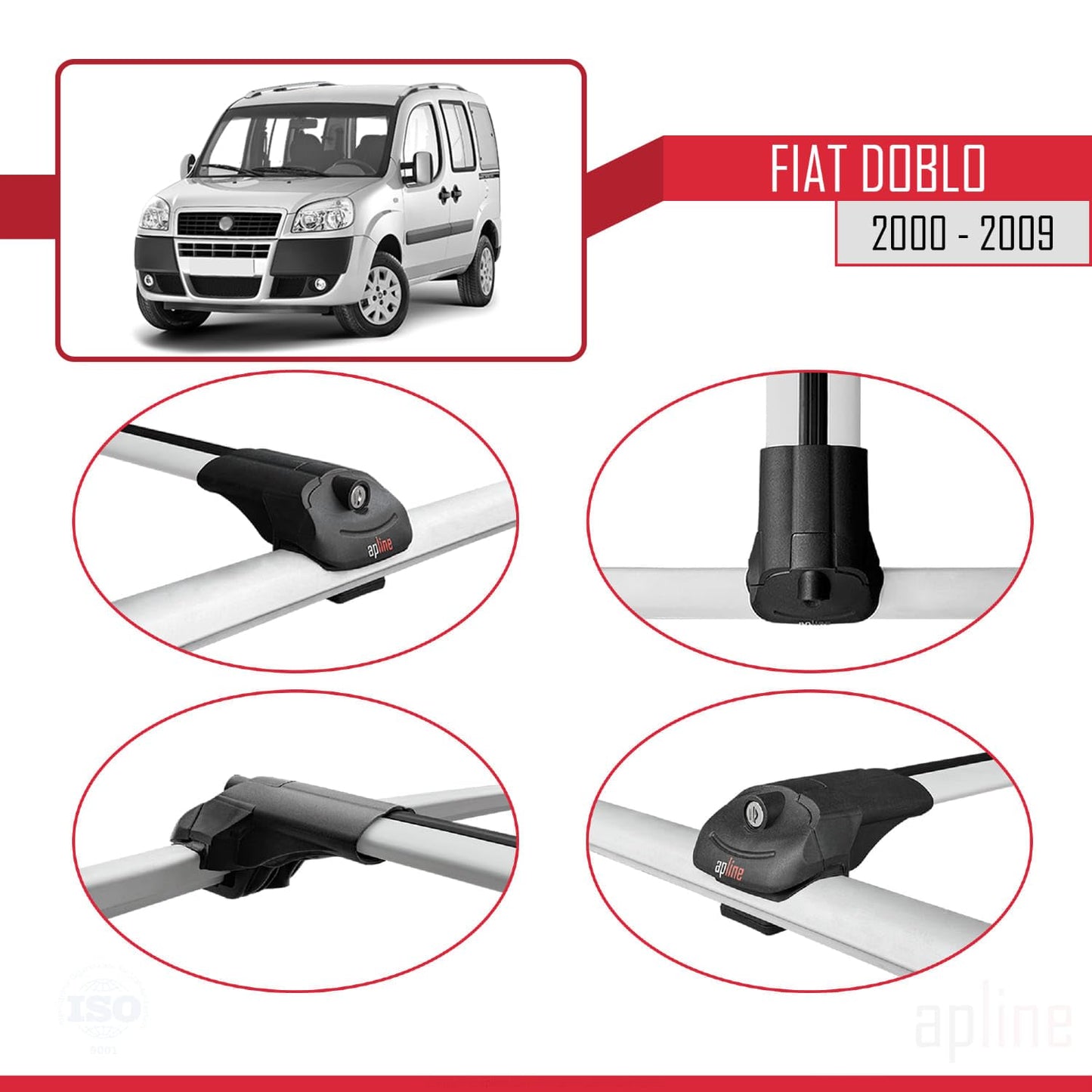 Compatible with Fiat Doblo 2000-2009 ACE-1 Car Roof Rack Cross Bar Grey Aluminium 3 Bars