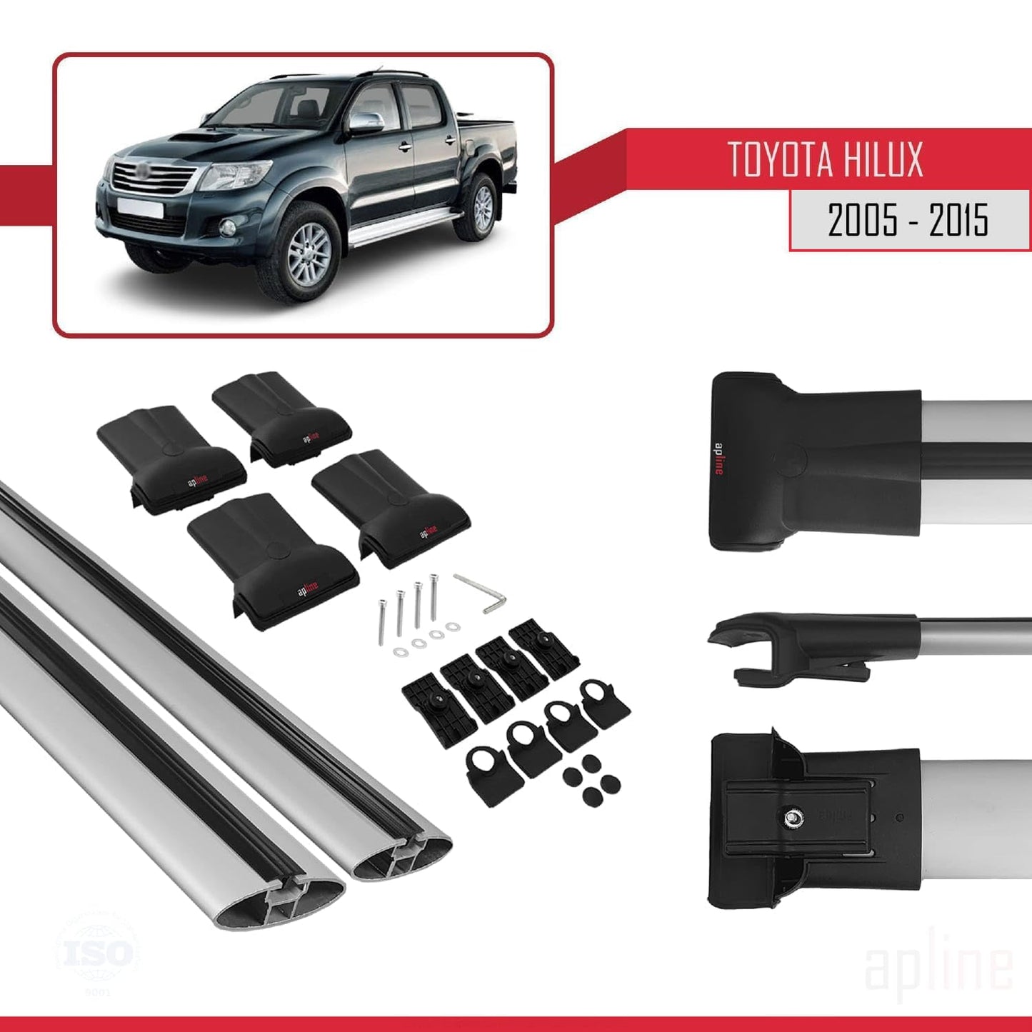 Compatible with Toyota Hilux 7 (AN30) 2005-2015 Fly Model Car Roof Rack Cross Bar Grey Aluminium 2 Bars