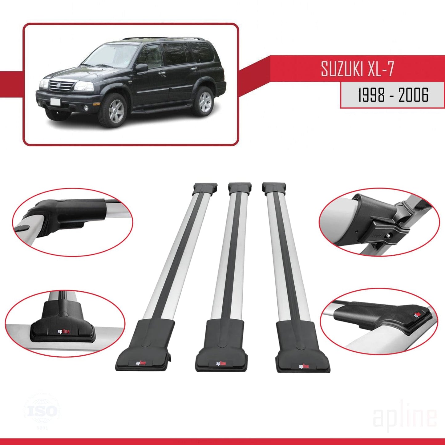 Compatible with Suzuki XL-7 1998-2006 Fly Model Car Roof Rack Cross Bar Grey Aluminium 3 Bars