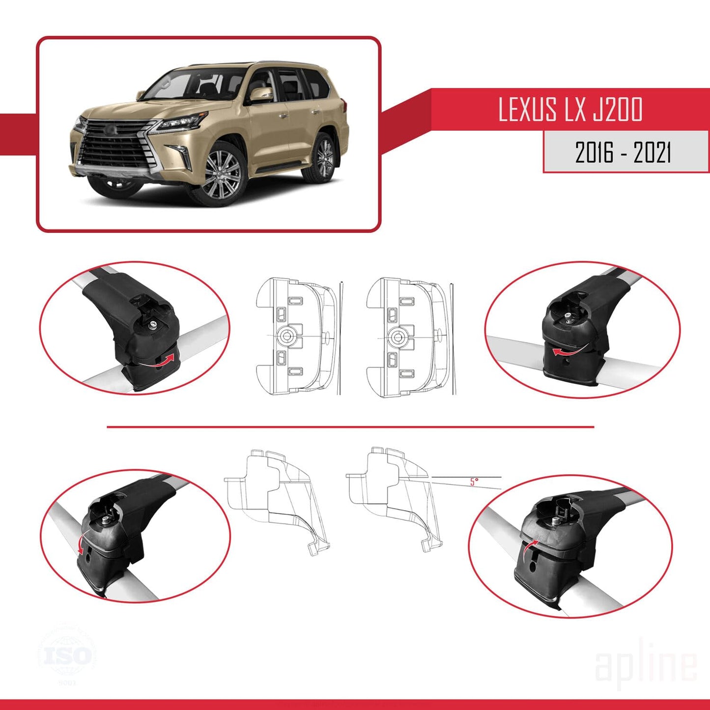 Compatible with Lexus LX 3 (J200) 2016-2021 ACE-2 Car Roof Rack Cross Bar Grey Aluminium 2 Bars