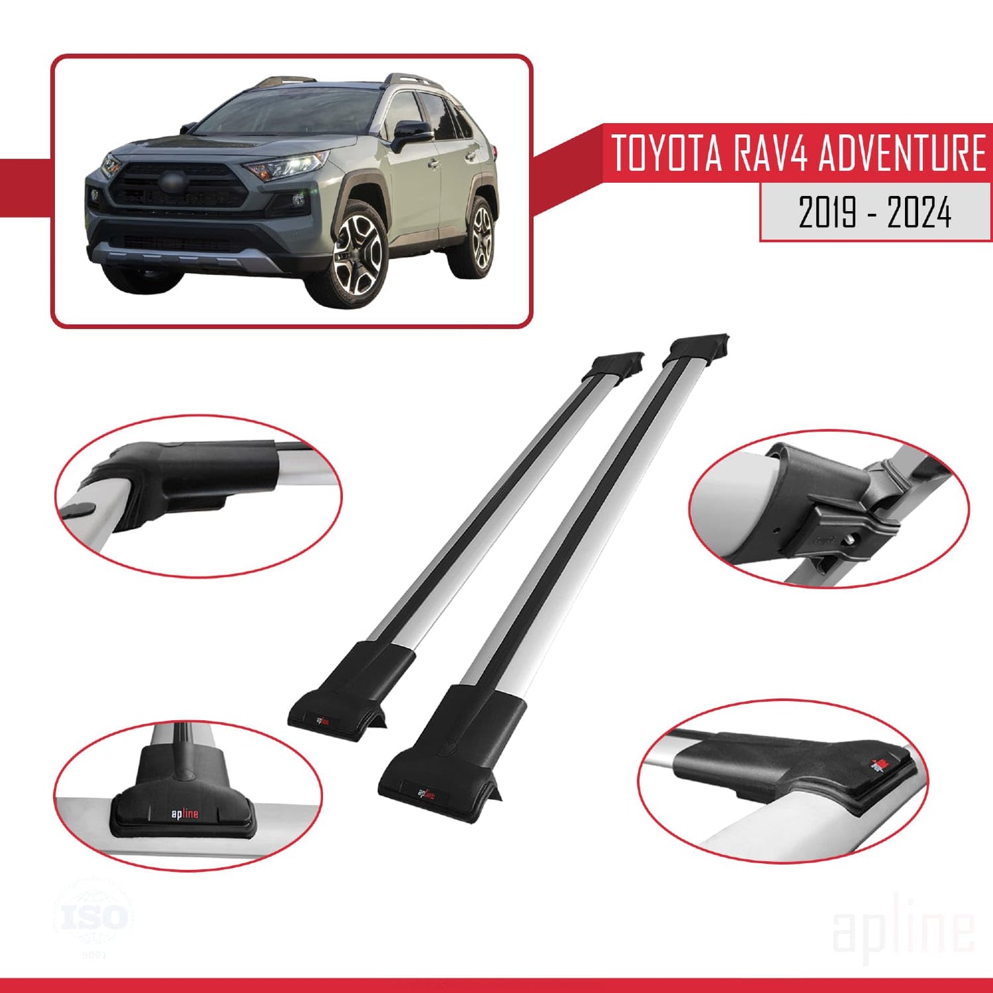 Compatible with Toyota RAV4 Adventure 2019-2024 Fly Model Car Roof Rack Cross Bar Grey Aluminium 2 Bars