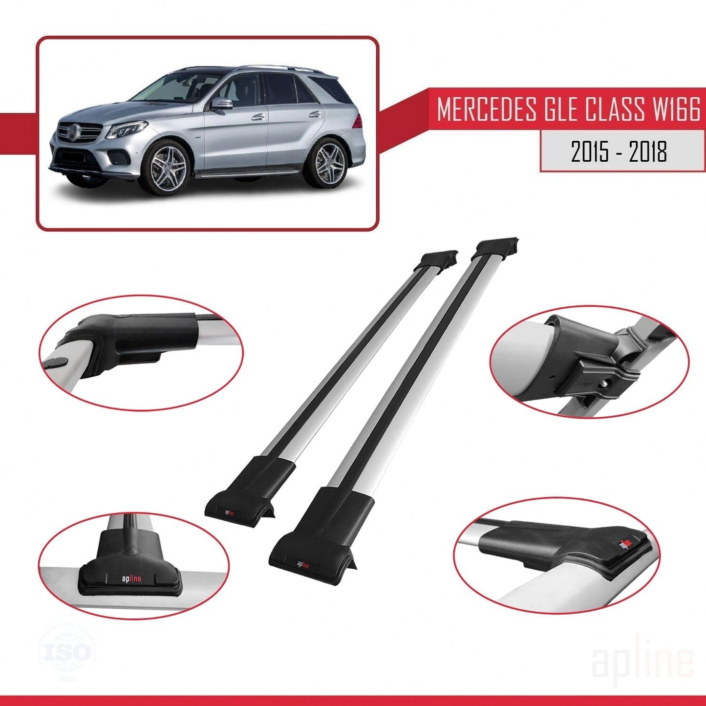 Compatible with Mercedes GLE Class 3 (W166) 2015-2018 Fly Model Car Roof Rack Cross Bar Grey Aluminium 2 Bars