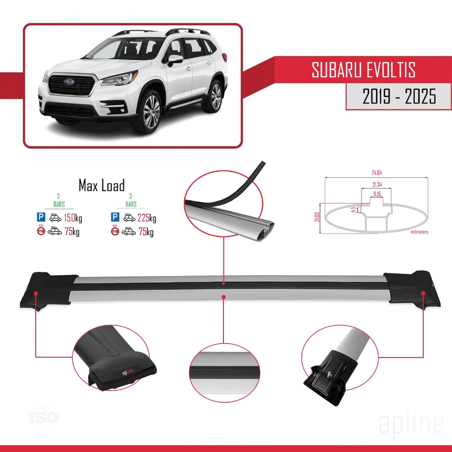 Compatible with Subaru Evoltis 2019-2025 Fly Model Car Roof Rack Cross Bar Grey Aluminium 2 Bars