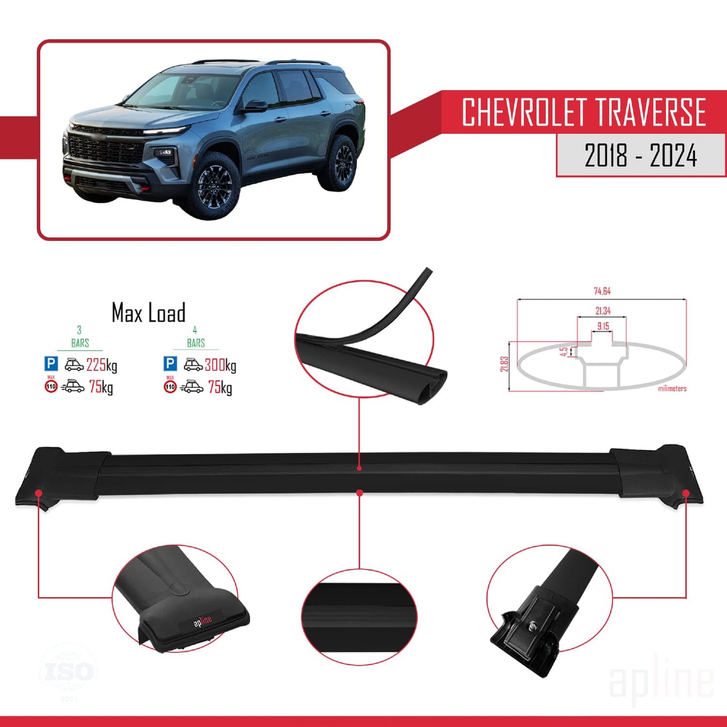 Compatible with Chevrolet Traverse 2018-2024 Fly Model Car Roof Rack Cross Bar Black Aluminium 3 Bars