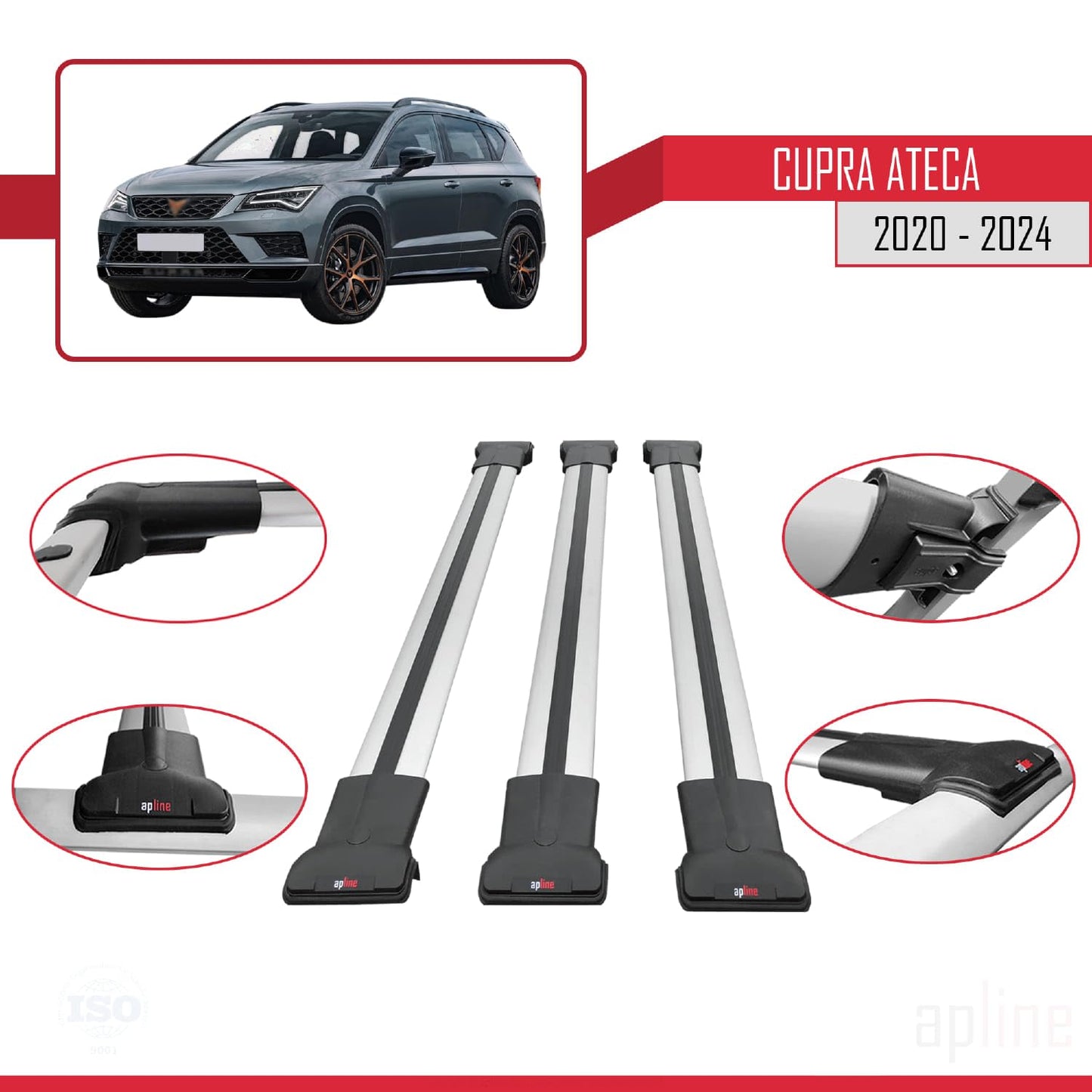 Compatible with Cupra Ateca 2020-2024 Fly Model Car Roof Rack Cross Bar Grey Aluminium 3 Bars