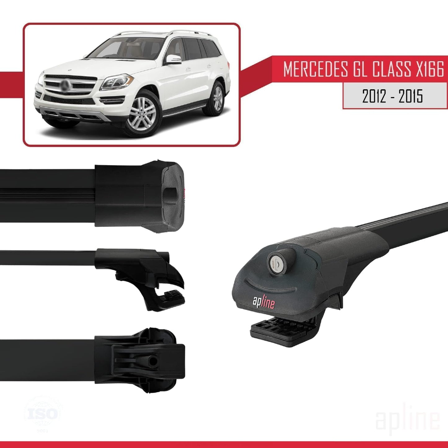 Compatible with Mercedes GL Class 2 (X166) Pre-Facelift 2013-2015 ACE-1 Car Roof Rack Cross Bar Black Aluminium 2 Bars