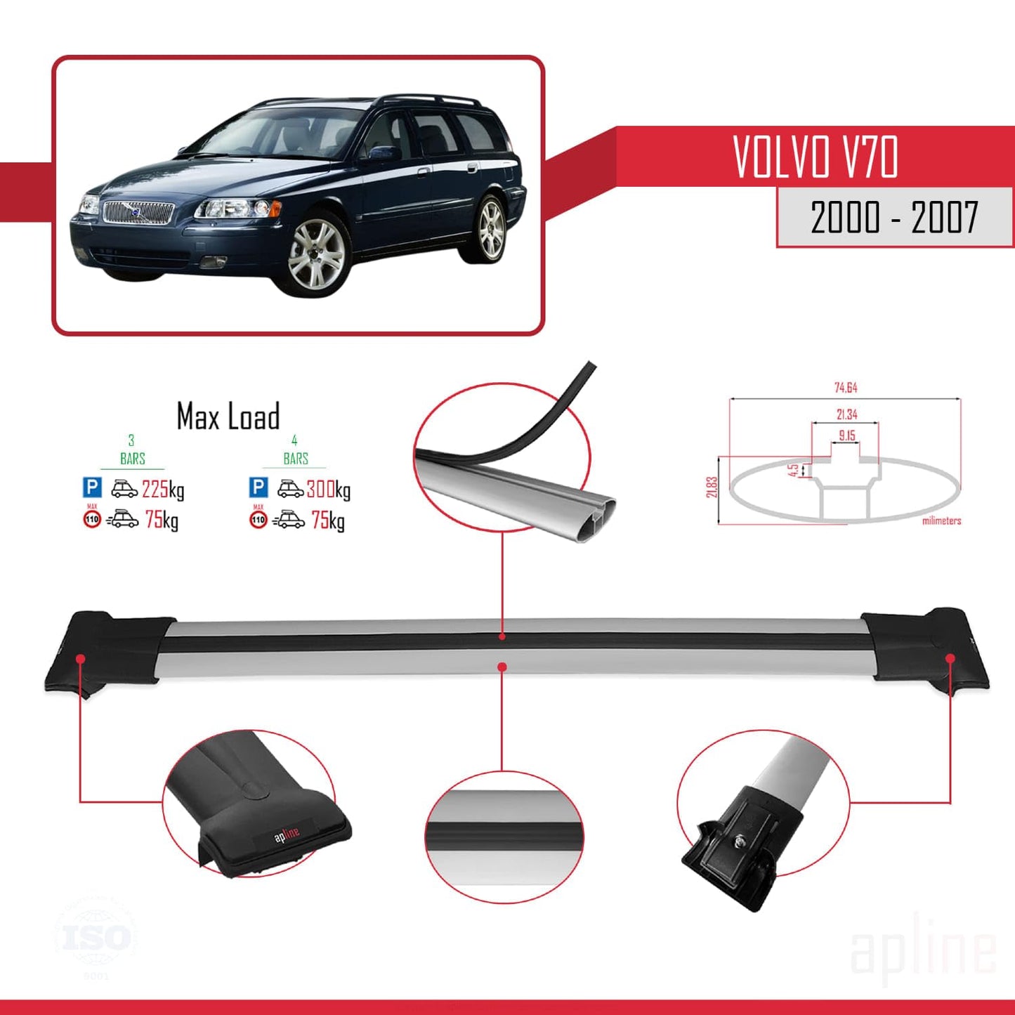 Compatible with Volvo V70 2000-2007 Fly Model Car Roof Rack Cross Bar Grey Aluminium 3 Bars
