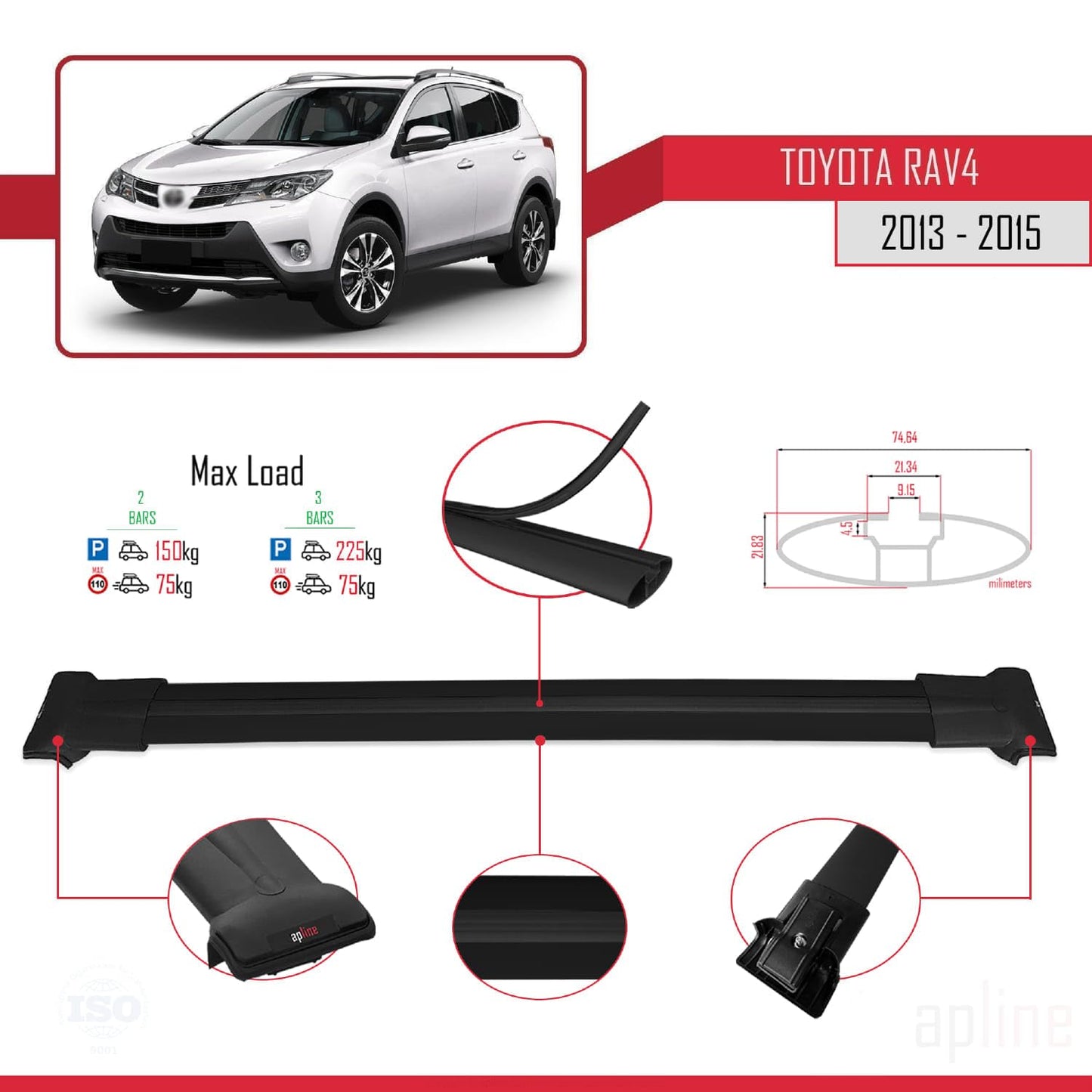 Compatible with Toyota RAV4 IV (XA40) Pre-Facelift 2013-2015 Fly Model Car Roof Rack Cross Bar Black Aluminium 2 Bars