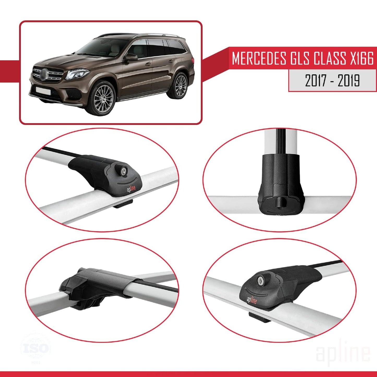 Compatible with Mercedes GLS Class X166 2017-2019 ACE-1 Car Roof Rack Cross Bar Grey Aluminium 2 Bars