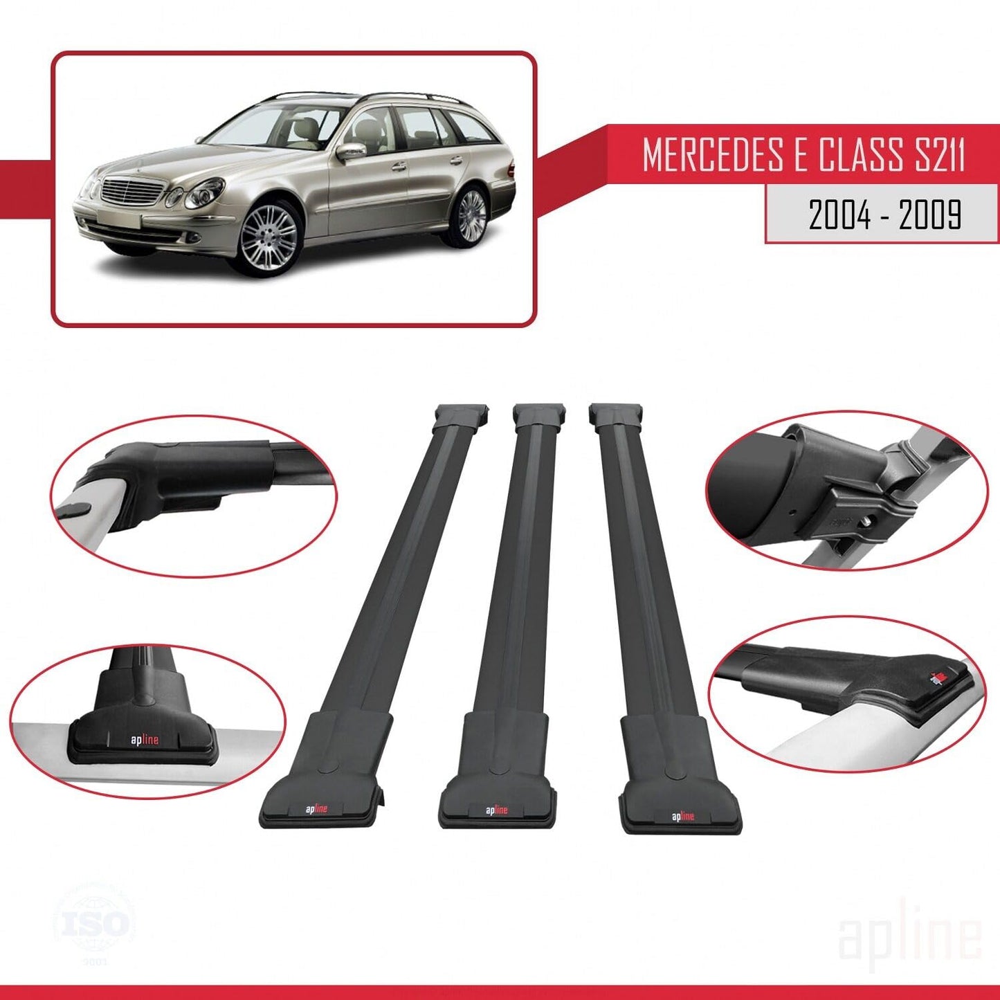 Compatible with Mercedes E Class 3 (S211) 2004-2009 Fly Model Car Roof Rack Cross Bar Black Aluminium 3 Bars