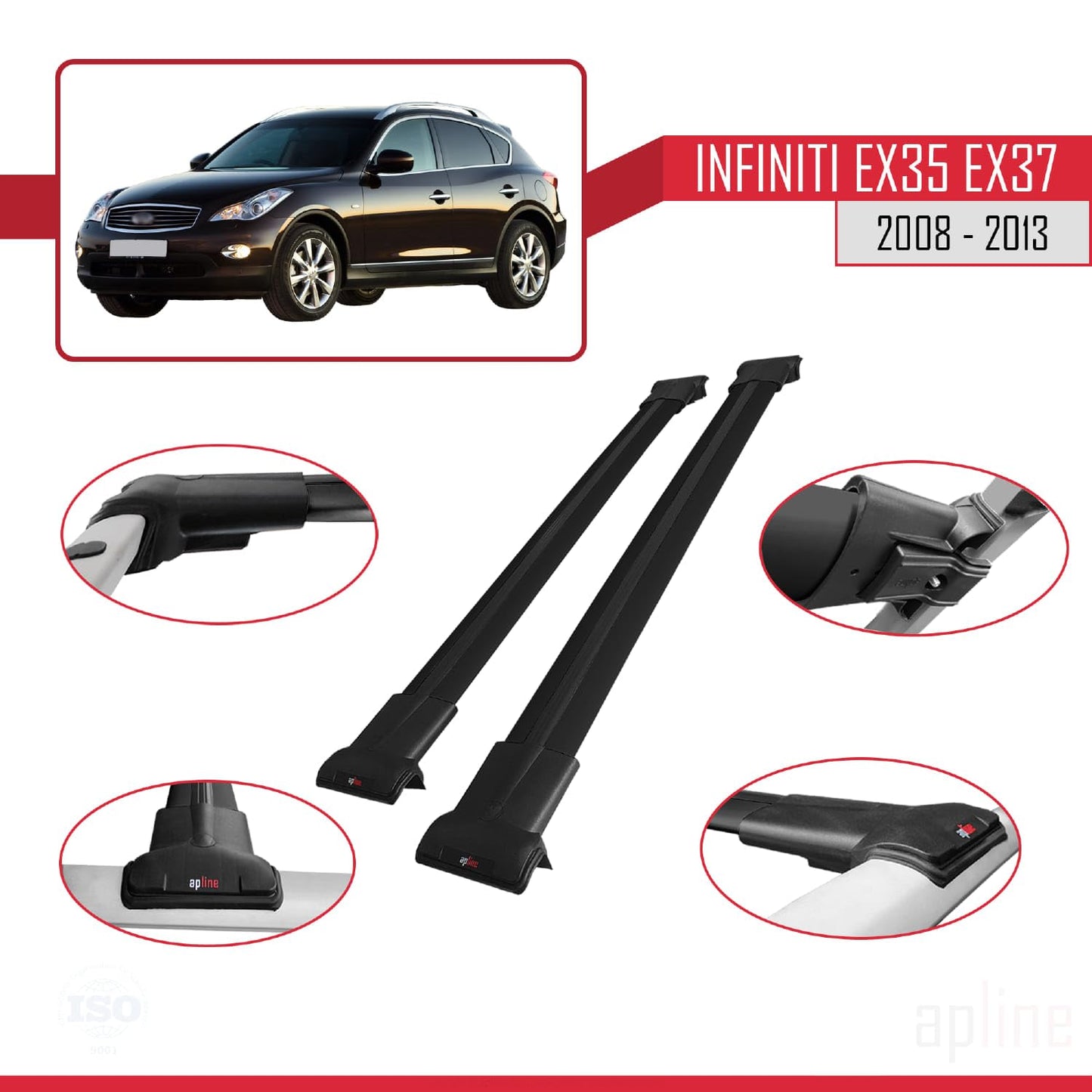 Compatible with Infiniti EX35 EX37 2008-2013 Fly Model Car Roof Rack Cross Bar Black Aluminium 2 Bars