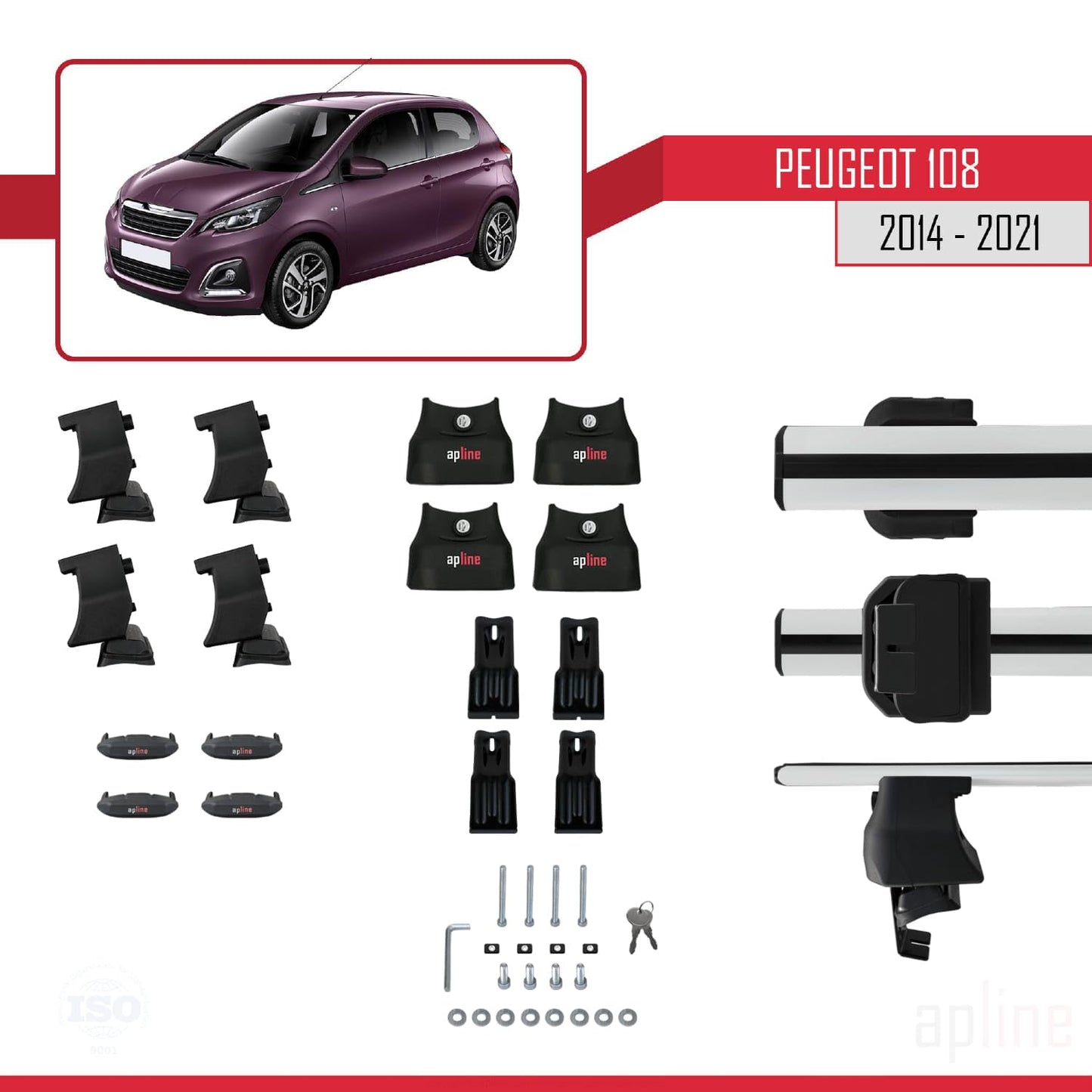 Compatible with Peugeot 108 2014-2021 ACE-4 Car Roof Rack Cross Bar Grey Aluminium 2 Bars
