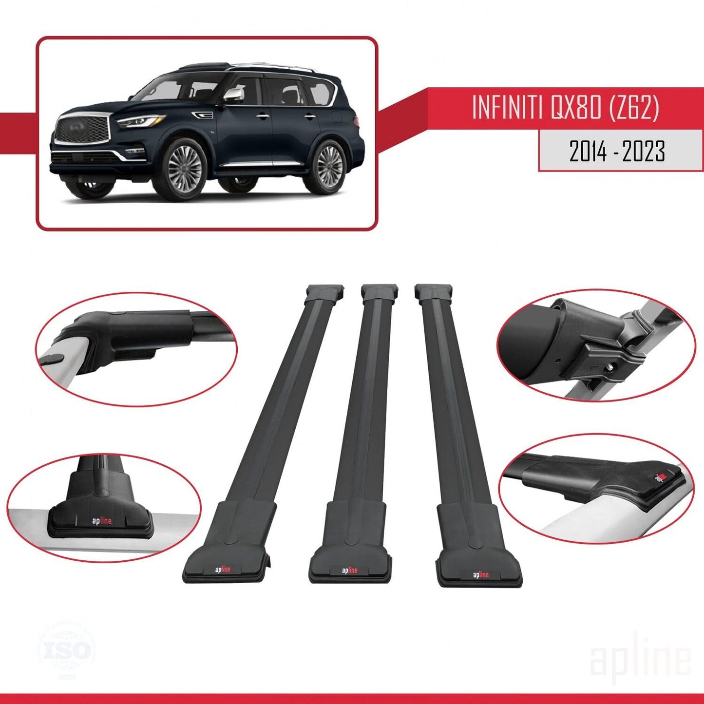 Compatible with Infiniti QX80 (Z62) 2014-2023 Fly Model Car Roof Rack Cross Bar Black Aluminium 3 Bars