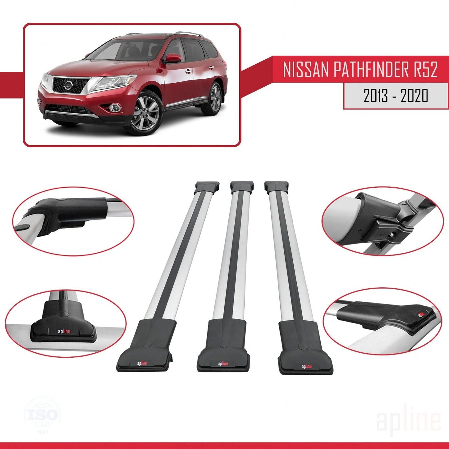 Compatible with Nissan Pathfinder 4 (R52) 2013-2020 Fly Model Car Roof Rack Cross Bar Grey Aluminium 3 Bars