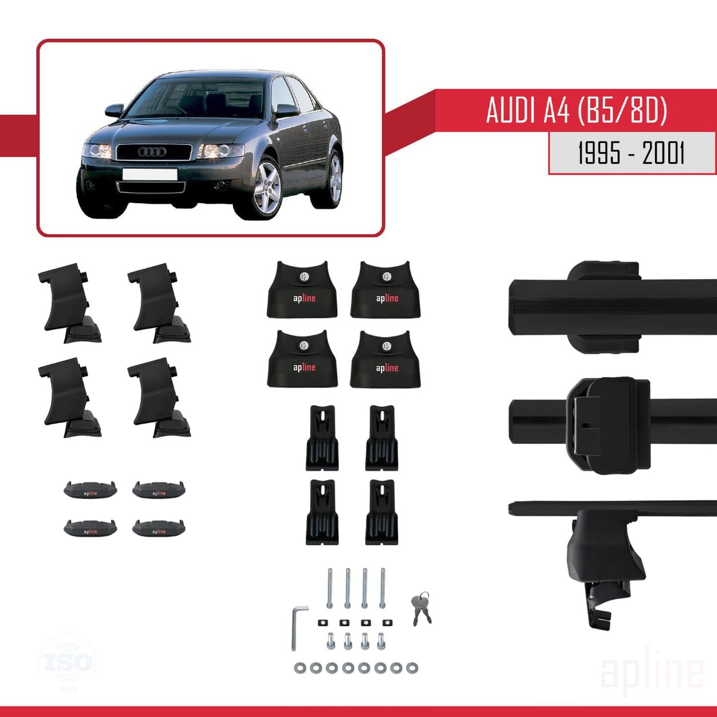 Compatible with Audi A4 (B5) 1995-2001 ACE-4 Car Roof Rack Cross Bar Black Aluminium 2 Bars