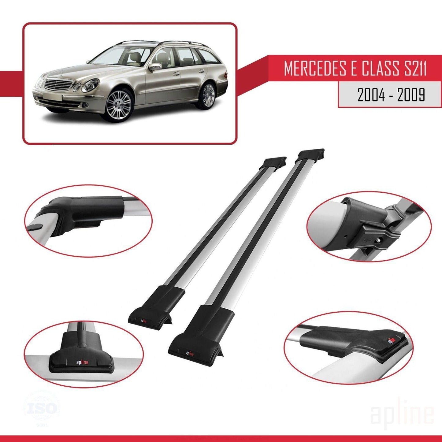 Compatible with Mercedes E Class 3 (S211) 2004-2009 Fly Model Car Roof Rack Cross Bar Grey Aluminium 2 Bars