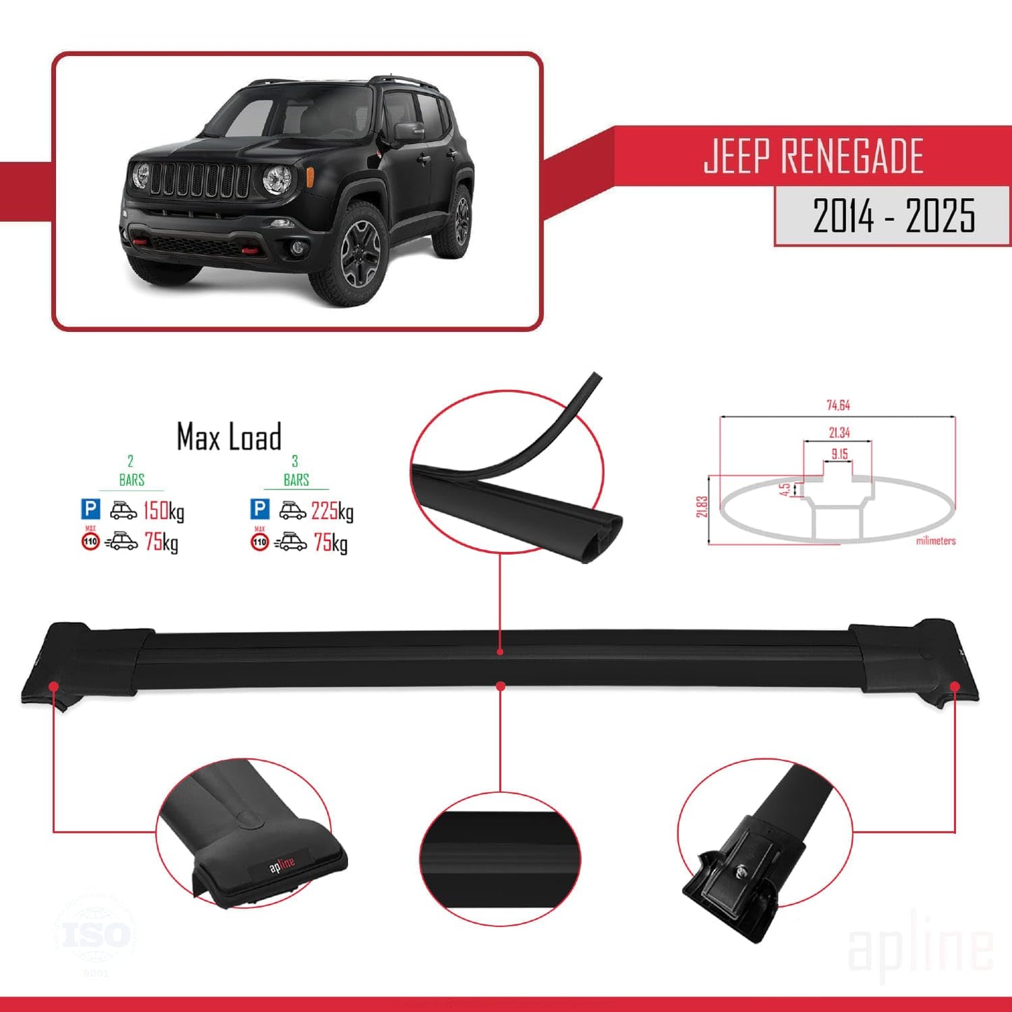 Compatible with Jeep Renegade (BU) 2014-2025 Fly Model Car Roof Rack Cross Bar Black Aluminium 2 Bars
