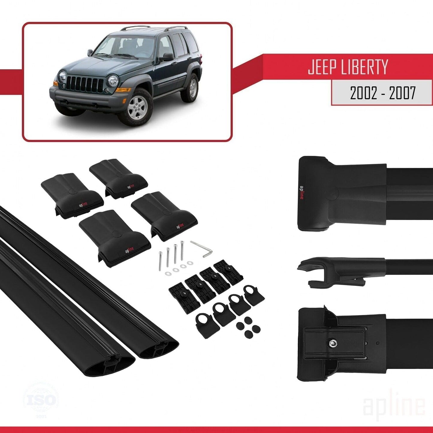 Compatible with Jeep Liberty 2002-2007 Fly Model Car Roof Rack Cross Bar Black Aluminium 2 Bars