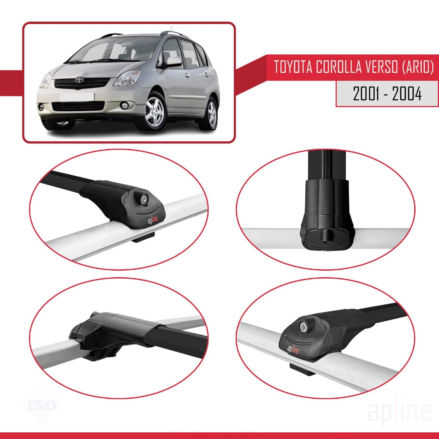 Compatible with Toyota Corolla Verso (E120) 2001-2004 ACE-1 Car Roof Rack Cross Bar Black Aluminium 3 Bars