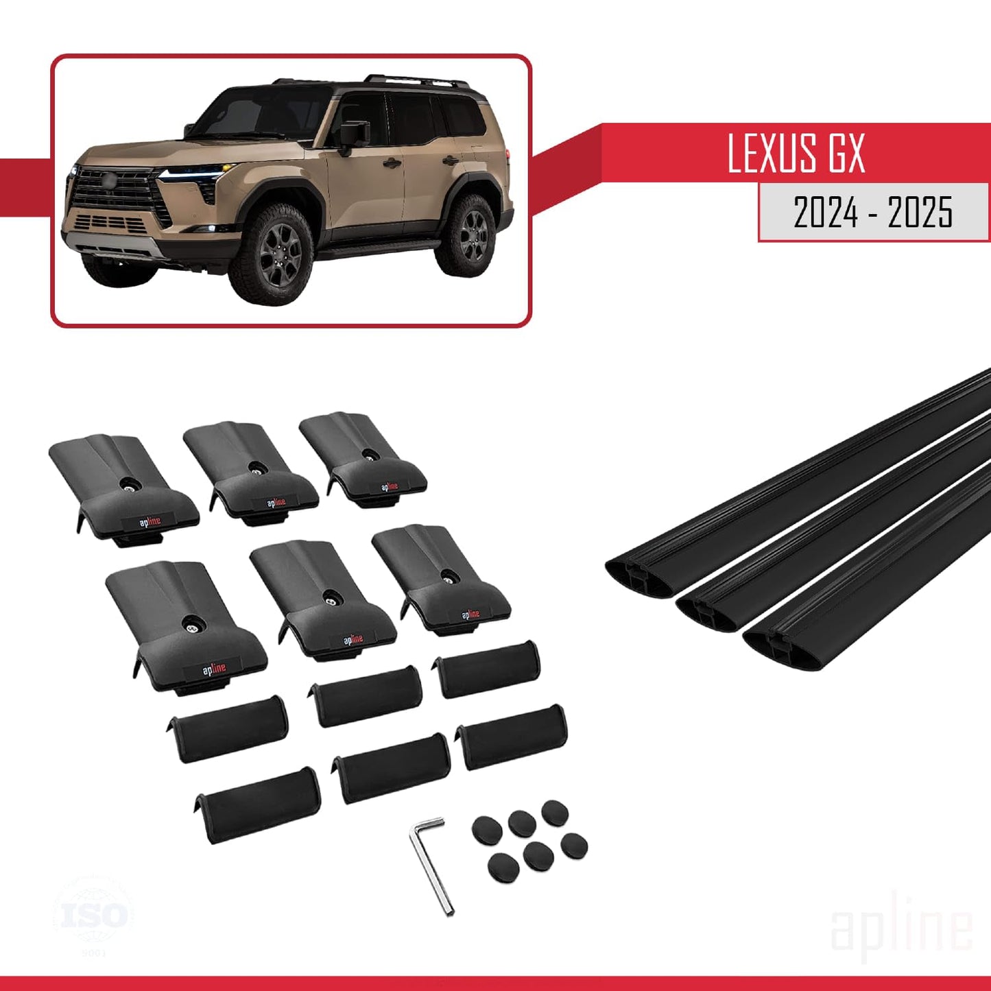 Compatible with Lexus GX 2024-2025 Fly Model Car Roof Rack Cross Bar Black Aluminium 3 Bars