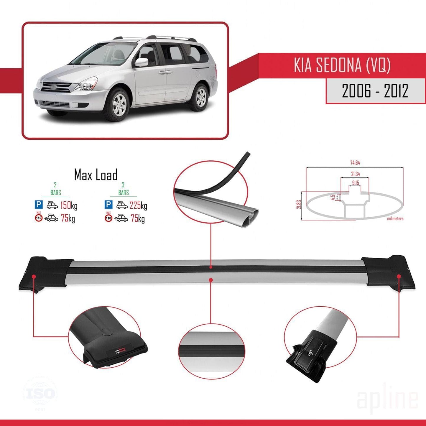Compatible with Kia Sedona 2 (VQ) 2006-2012 Fly Model Car Roof Rack Cross Bar Grey Aluminium 2 Bars