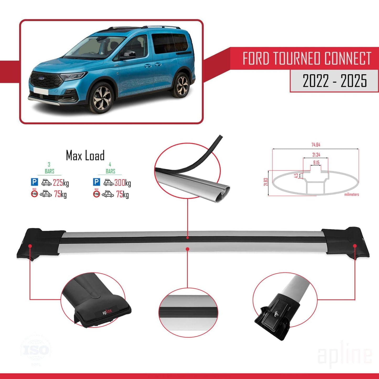 Compatible with Ford Transit/Tourneo Connect 3 2022-2025 Fly Model Car Roof Rack Cross Bar Grey Aluminium 3 Bars