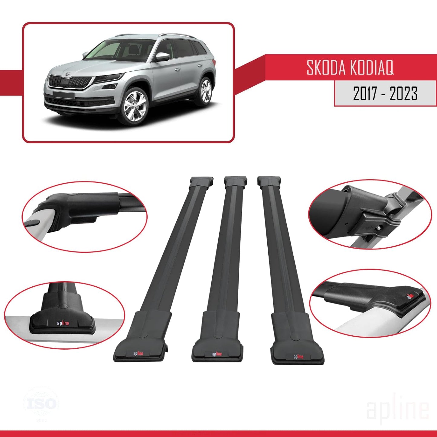 Compatible with Skoda Kodiaq 2017-2023 Fly Model Car Roof Rack Cross Bar Black Aluminium 3 Bars