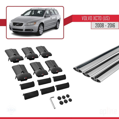 Compatible with Volvo XC70 II (P24) 2008-2016 Fly Model Car Roof Rack Cross Bar Grey Aluminium 3 Bars