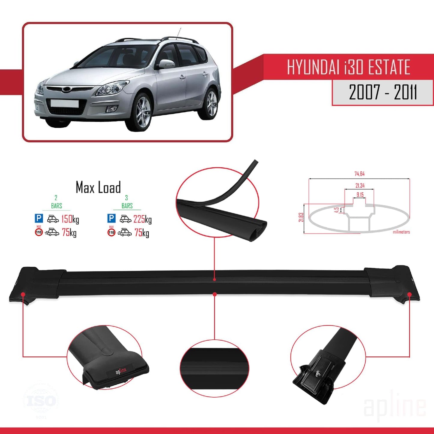 Compatible with Hyundai i30 (FD) SW 2007-2011 Fly Model Car Roof Rack Cross Bar Black Aluminium 2 Bars