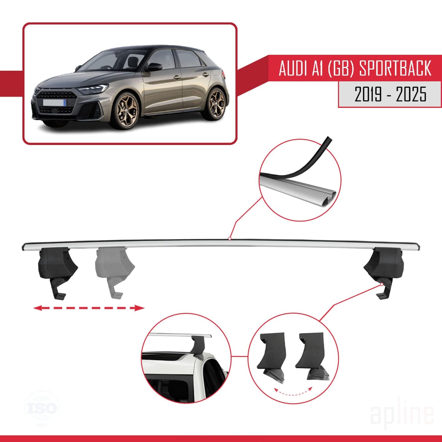 Compatible with Audi A1 (GB) Sportback 2019-2025 ACE-4 Car Roof Rack Cross Bar Grey Aluminium 2 Bars