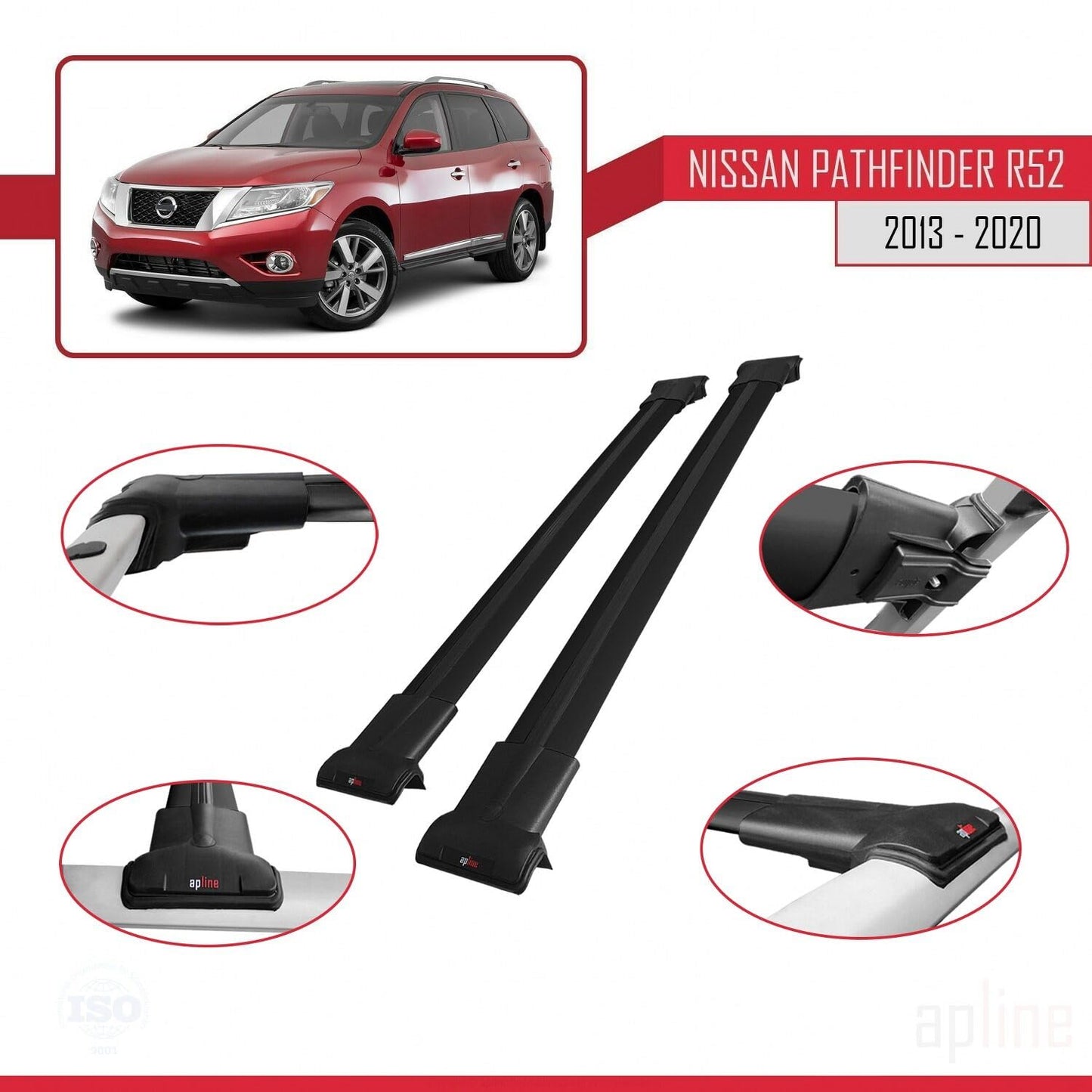 Compatible with Nissan Pathfinder 4 (R52) 2013-2020 Fly Model Car Roof Rack Cross Bar Black Aluminium 2 Bars