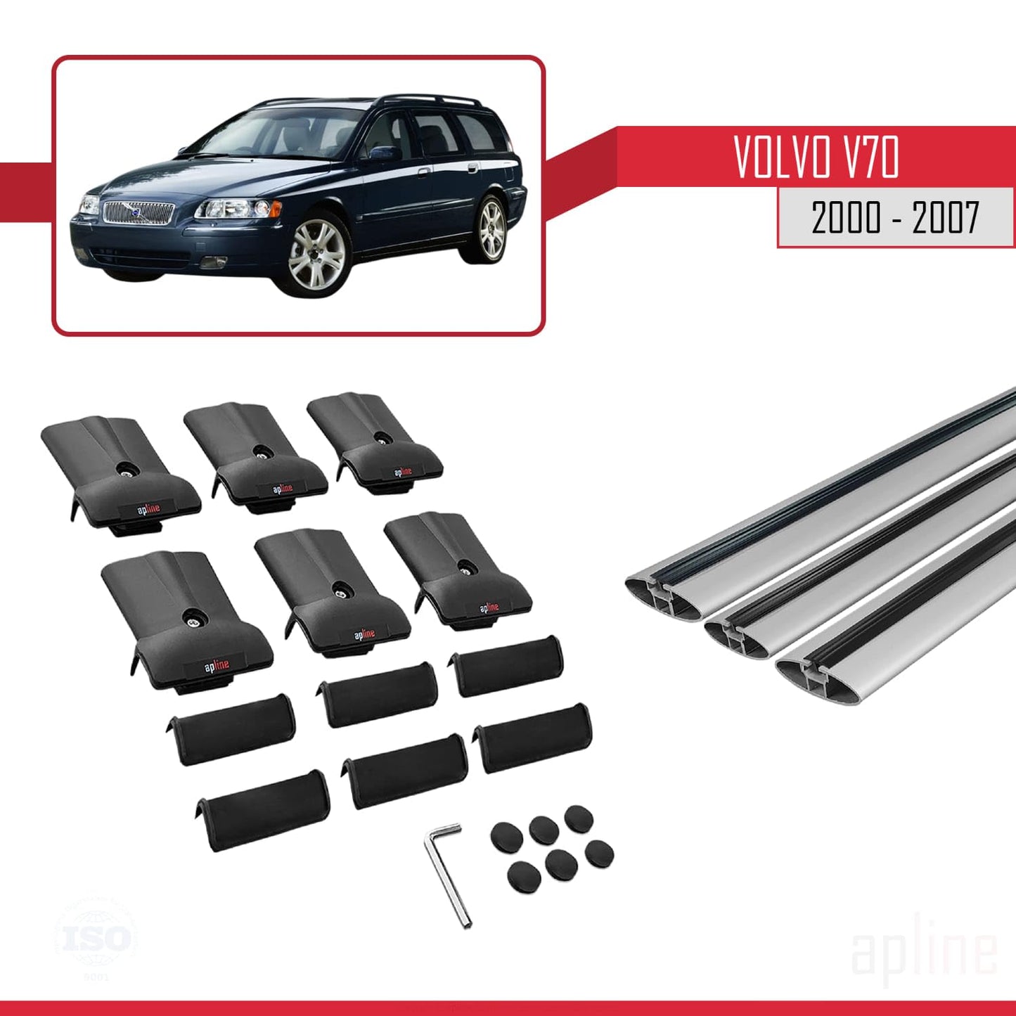 Compatible with Volvo V70 2000-2007 Fly Model Car Roof Rack Cross Bar Grey Aluminium 3 Bars