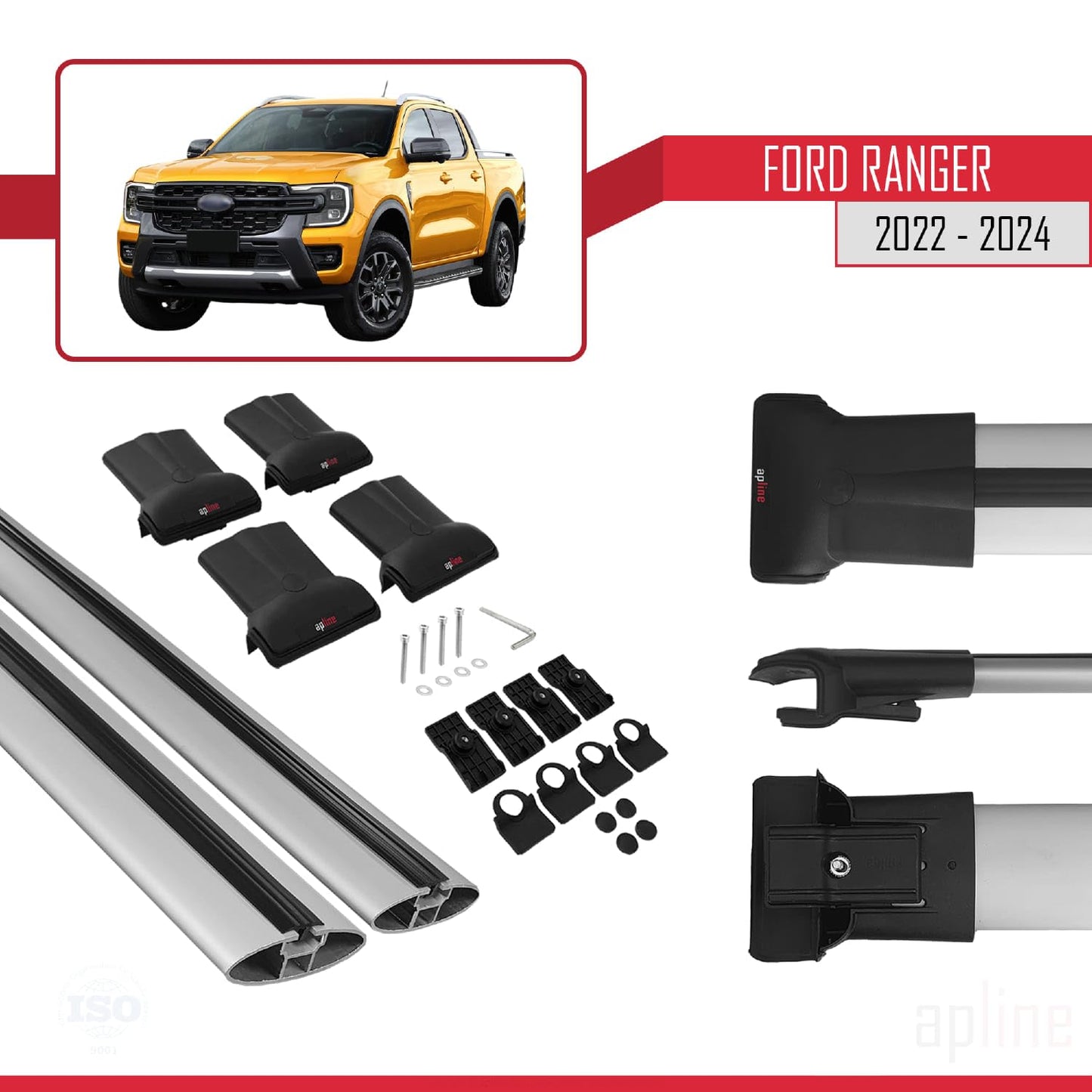 Compatible with Ford Ranger (P703) 2022-2024 Fly Model Car Roof Rack Cross Bar Grey Aluminium 2 Bars