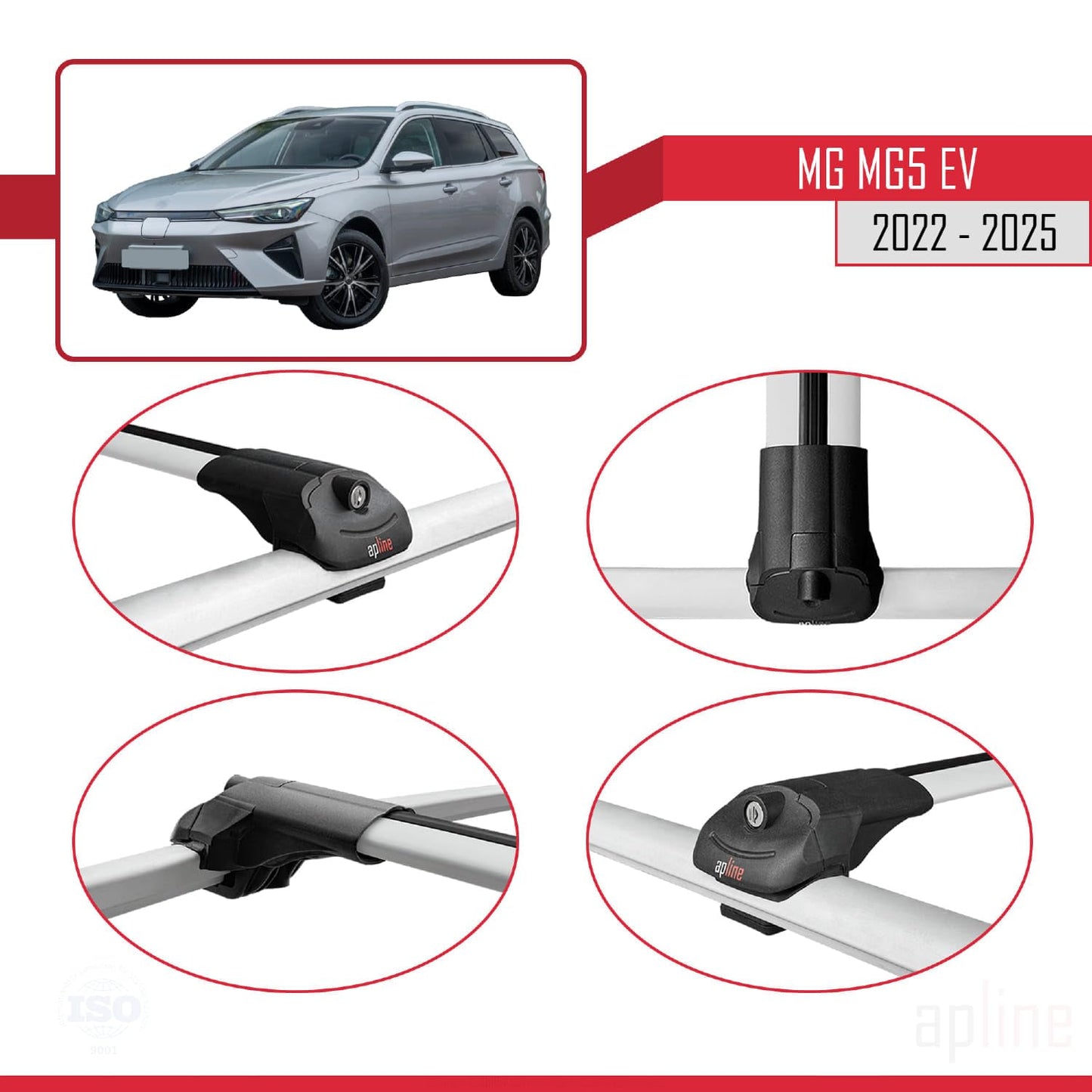 Compatible with MG 5 EV 2022-2025 ACE-1 Car Roof Rack Cross Bar Grey Aluminium 2 Bars