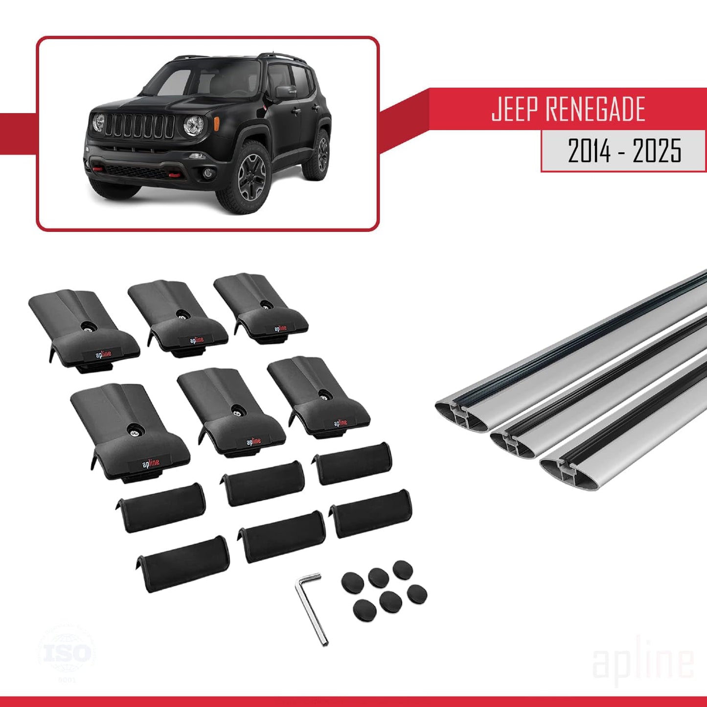 Compatible with Jeep Renegade (BU) 2014-2025 Fly Model Car Roof Rack Cross Bar Grey Aluminium 3 Bars
