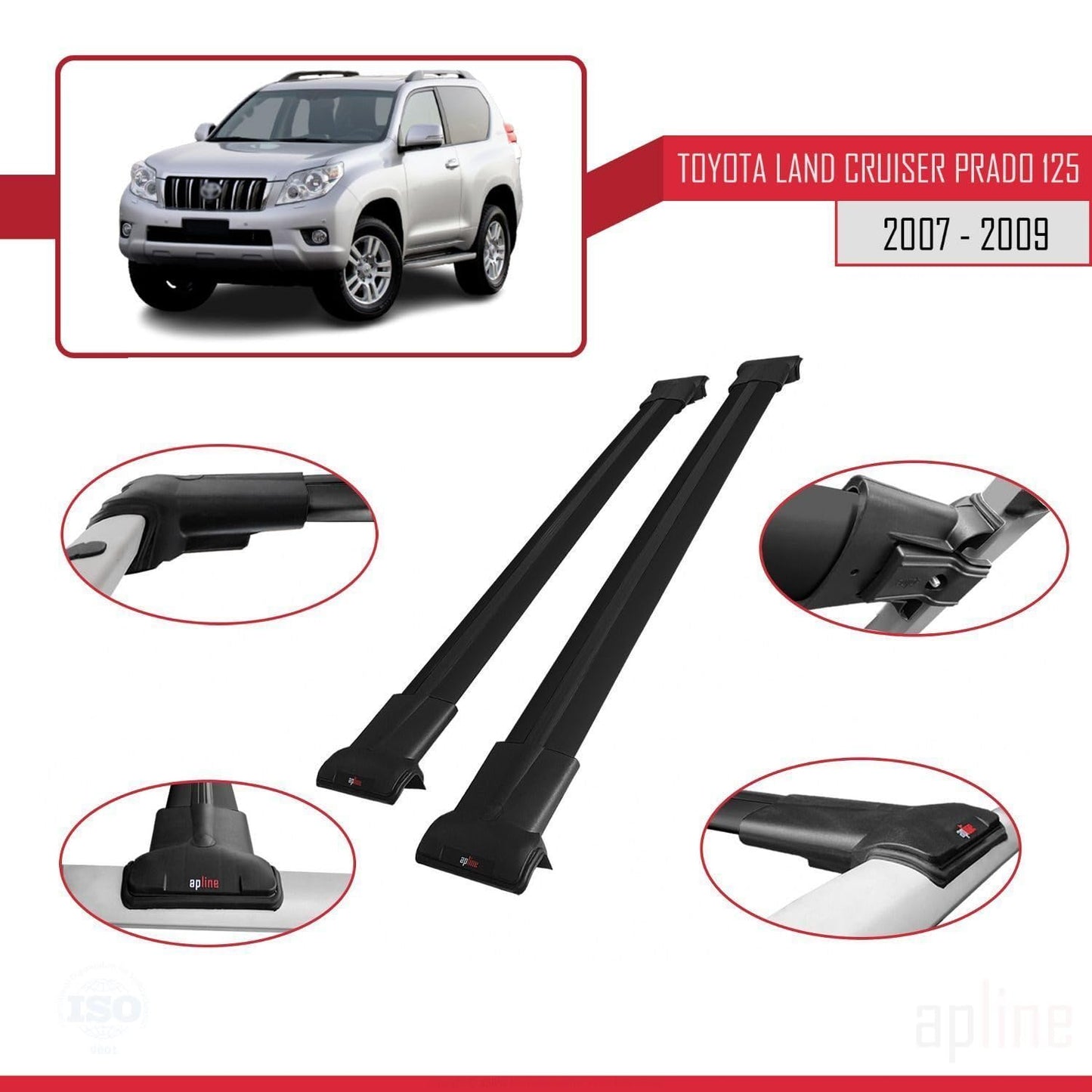 Compatible with Toyota Land Cruiser Prado (J125) 2007-2009 Fly Model Car Roof Rack Cross Bar Black Aluminium 2 Bars