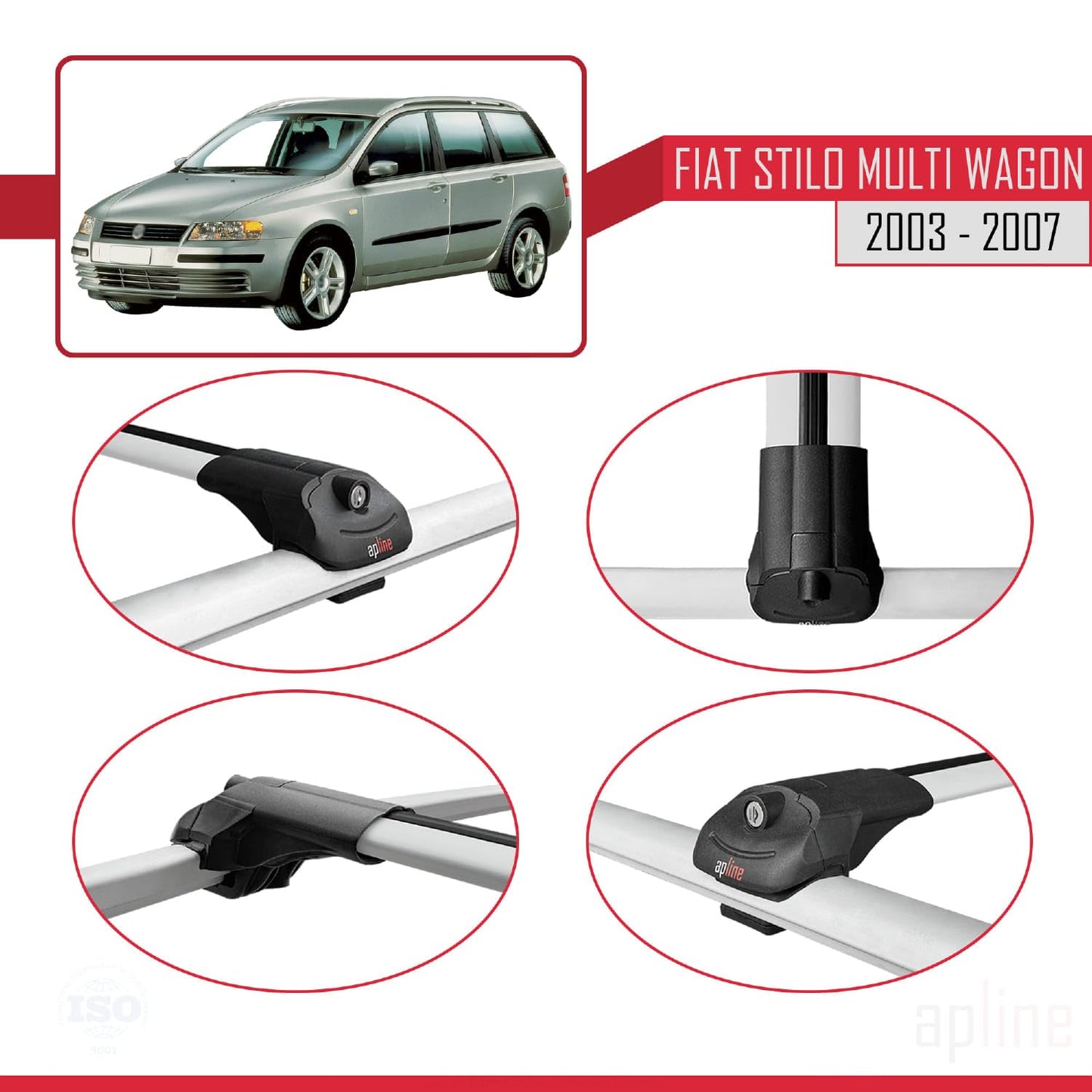 Compatible with Fiat Stilo Multi Wagon 2003-2007 ACE-1 Car Roof Rack Cross Bar Grey Aluminium 2 Bars